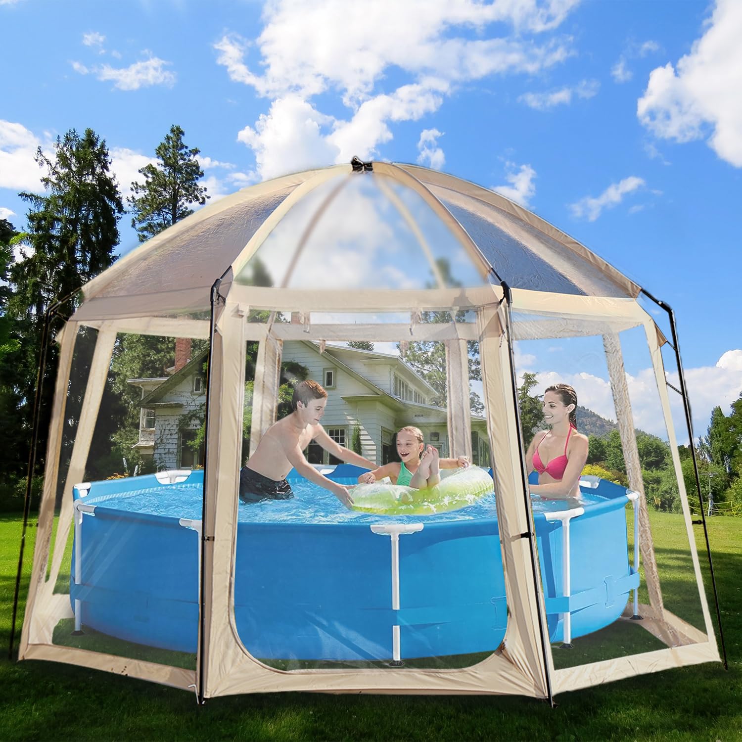 Poolabdeckung Rund  400x400x250cm  Pool Dome fr Pools bis ca.  305cm   Poolzelt Mit Zwei groe Reiverschlusstren - Pool Sonnenschutz SPF35+   Pool berdachung Blockiert Bltter und Vogelkot. : Amazon.de: Sport &  Freizeit