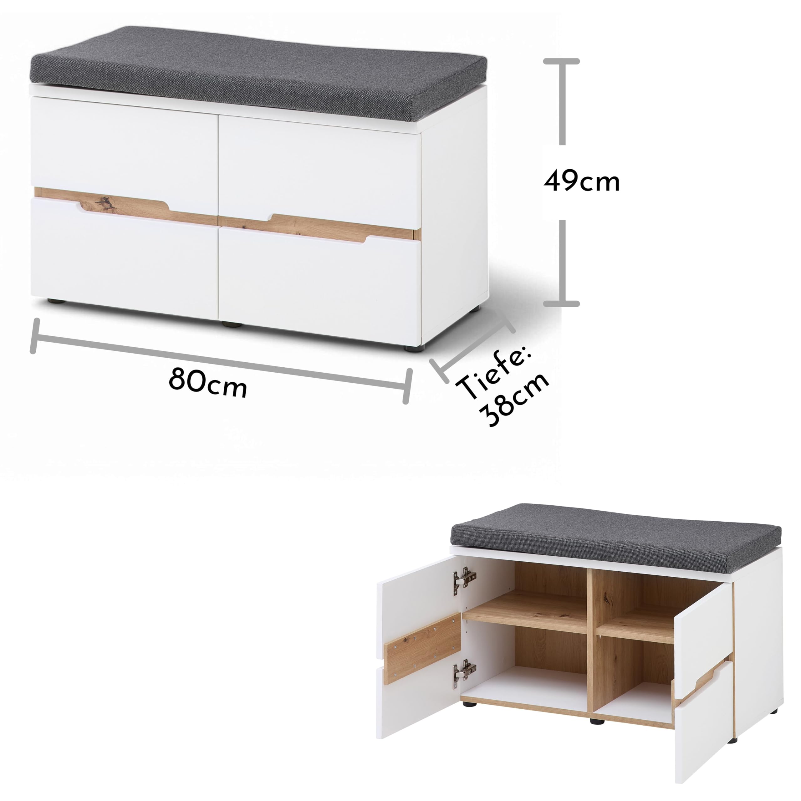 Memphis Schuhbank Weiß Artisan Eiche Optik 80 x 49 x 38 cm (B/H/T)