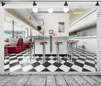 9x6ft Fabric Retro Diner Restaurant Backdrop - Vintage 50s Background for 1950s Fast Food Soda Shop Decorations, Party, Baby Shower Photoshoot Booth Studio Props
