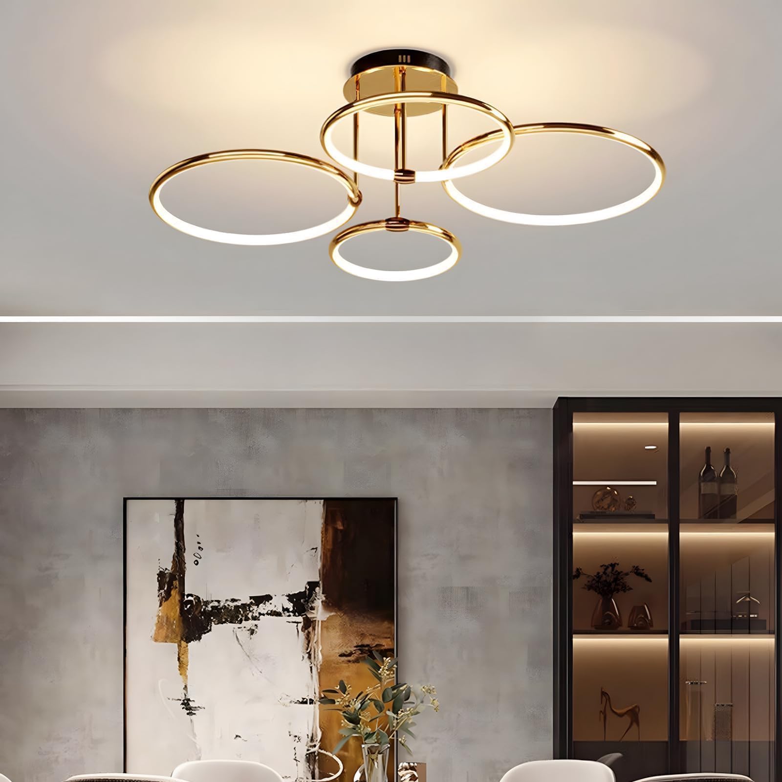4 Ring Gold Led Deckenleuchte, Ø75cm | 85W Kronleuchter Stufenlos Dimmbar, Kreative Metallgalvanik Pendelleuchte, Moderne Lampe Für Schlafzimmer, Wohnzimmer, Kinderbüro Arbeitszimmer Küche