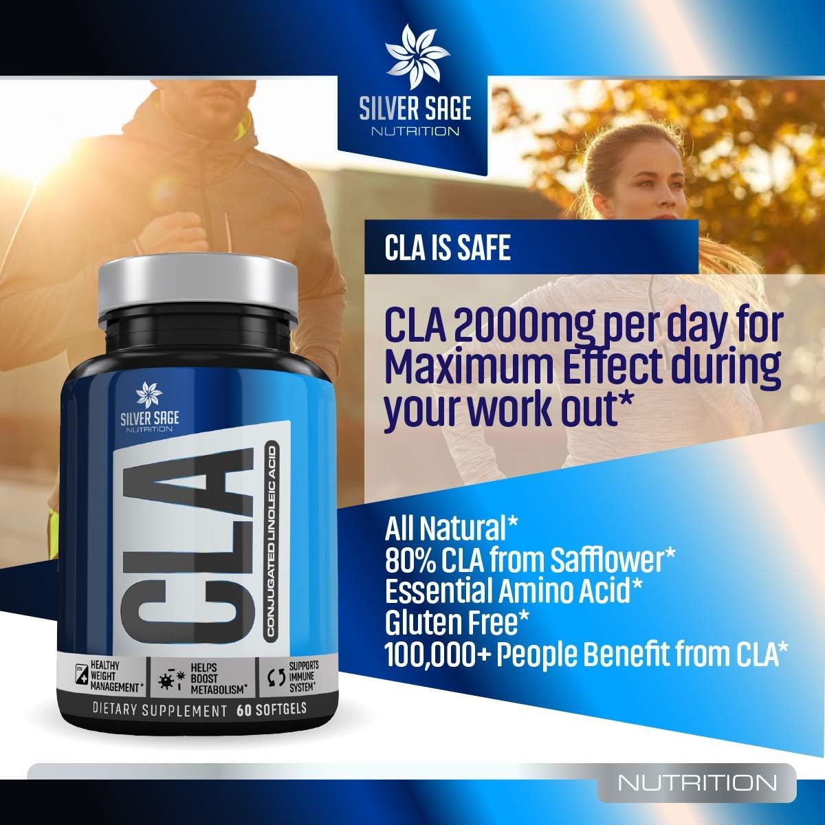Silver Sage Nutrition CLA Supplements Weight Loss for Women | Weight Loss for Men | Conjugated Linoleic Acid | Capsules 60 Soft-Gel 2000 MG | Anti Inflammatory Retain Lean Muscle Mass Boost Metabolism : Health & Household