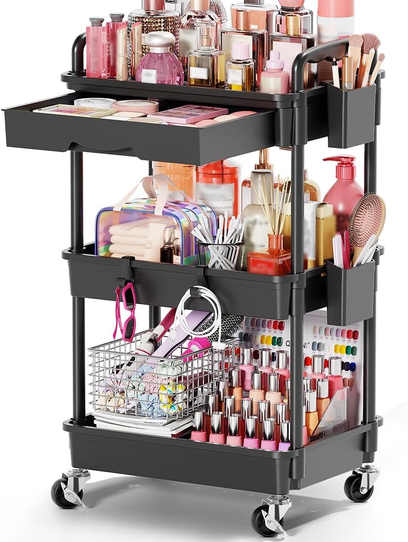 Goovilla Rolling Makeup Organizer Cart with Removable Drawer, 3 Tier Black