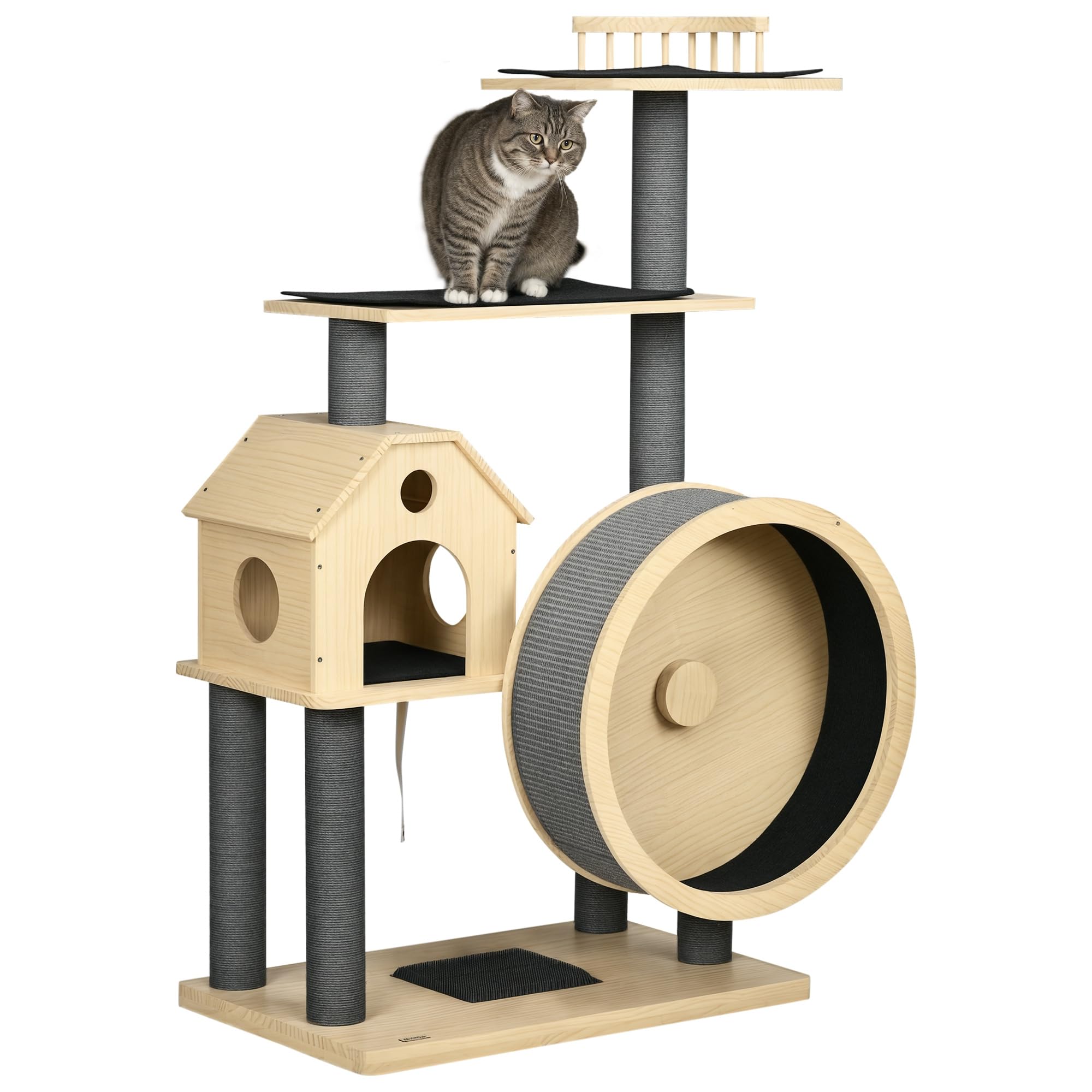 PawHut krabpaal kattengrot kattenhuis 4 verdiepingen met speelballen zitstok, sisalzuil en krabplank, groot, stevig, luxe, sisal pluche grijs 48 x 48 x 104 cm