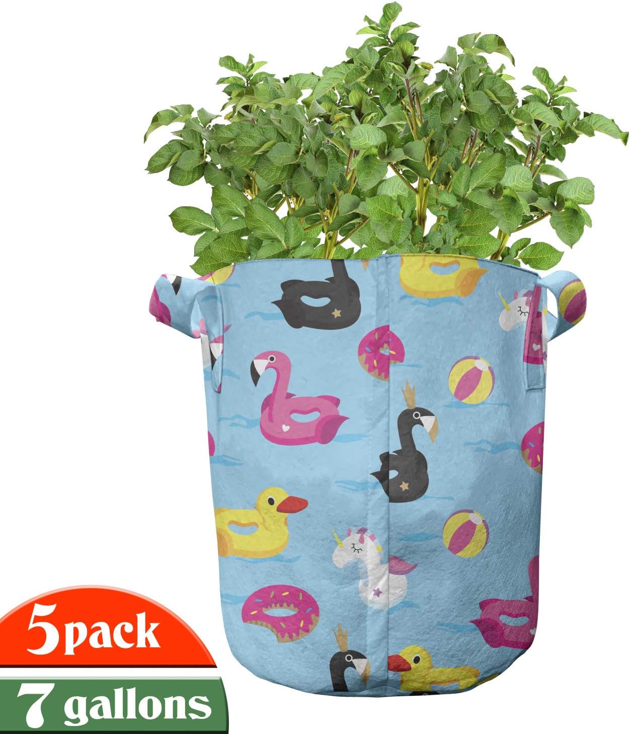 Ambesonne Summer Grow Bags 5-Pack, Duck Flamingo and Unicorn, Heavyduty Fabric Pots with Handles for Plants, Multicolor