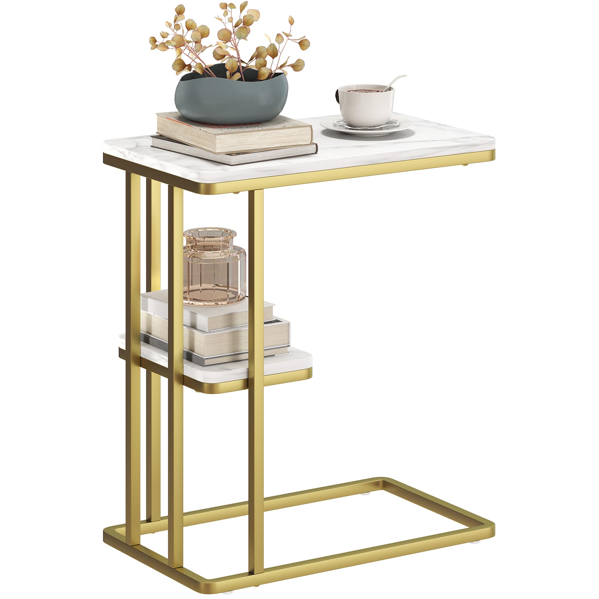 HOMCOM C-Shaped Narrow Side Table, 2-Tier Slim End Table with Storage Shelf, Modern Nightstand for Small Spaces, Living Room, Bedroom, 50 x 30 x 57.5 cm, White Marble Grain