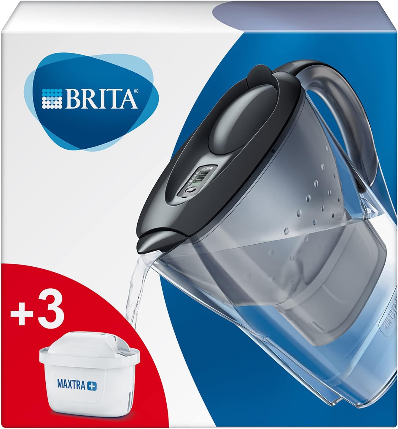 1030084 Marella Fridge water filter jug for reduction of chlorine, limescale and impuities, Graphite, Includes 3 x MAXTRA+ filter cartridges, 2.4L
