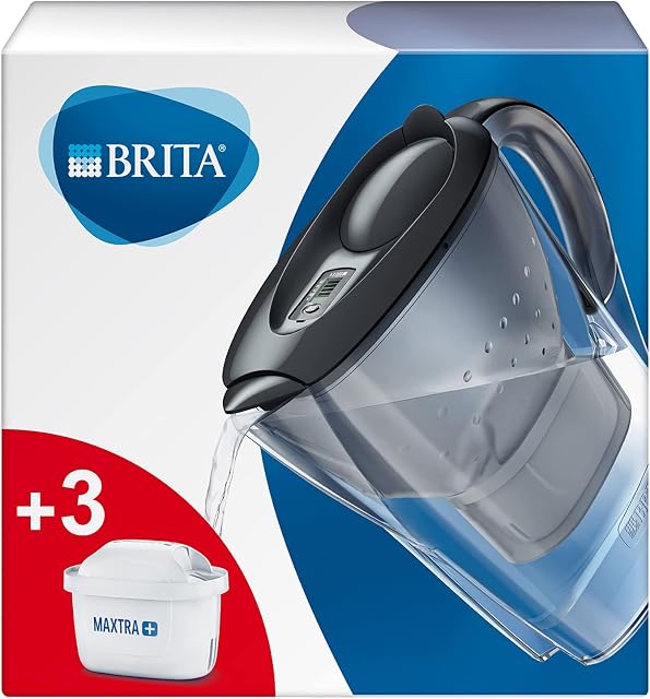 BRITA Marella fridge water filter jug, 2.4L - Graphite. Includes 3 x MAXTRA+ filter cartridges for reduction of chlorine, limescale and impurities - now in sustainable Smart Box packaging