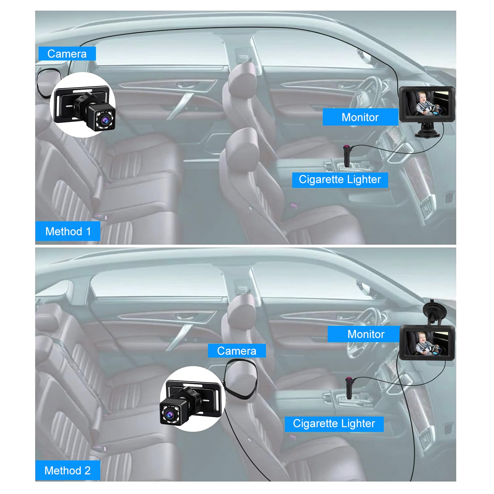 Cámara para Coche de Bebé, Espejo para Coche de Bebé 1080P de 4, 3 Pulgadas con Visión Nocturna, Rotación de 360°, Monitor de Bebé con Ángulo de Visión de 150° para Bebés, Niños (con cable USB)