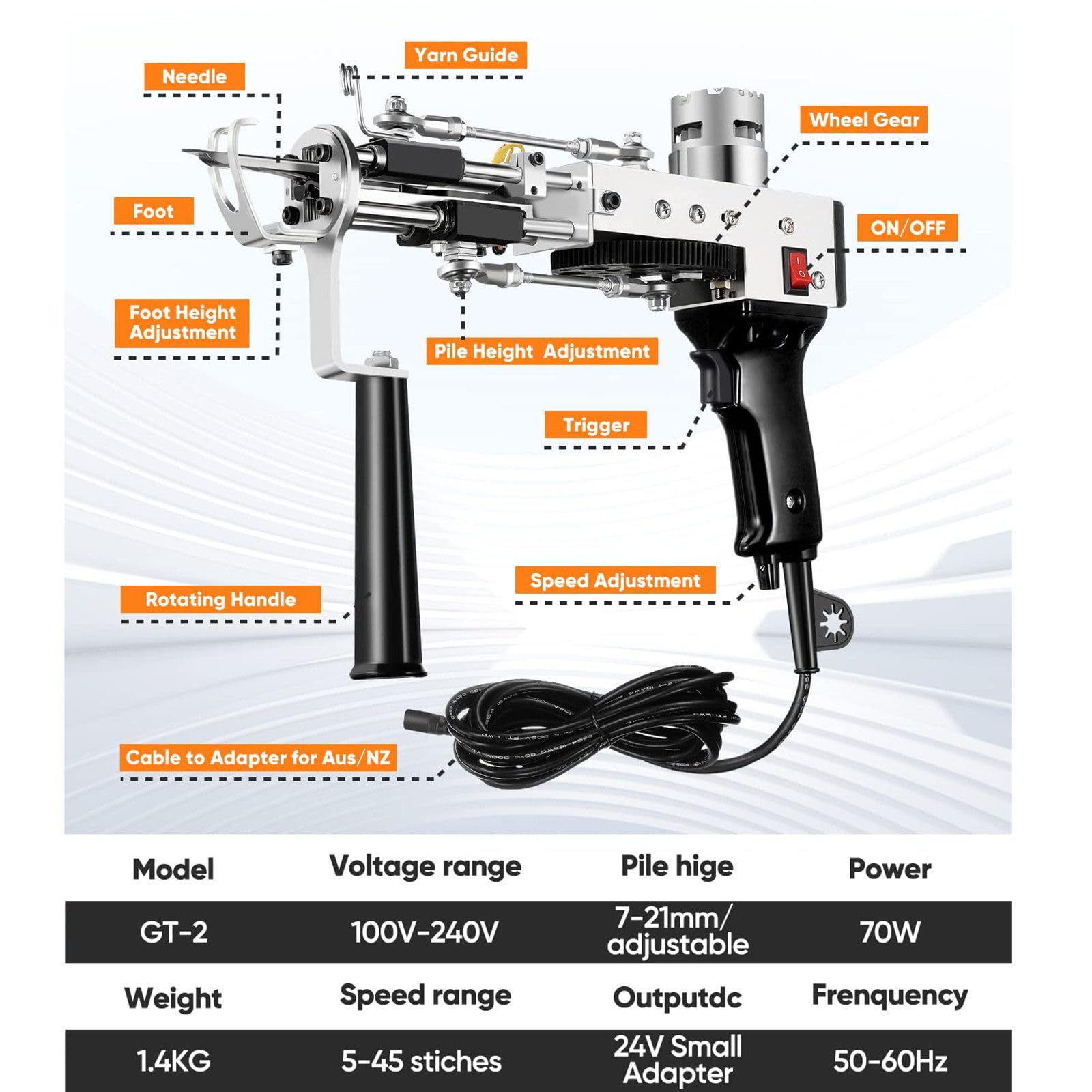 Kit de iniciación de máquina de pistola para alfombras, bajo ruido, diseño antiapagado, incluye kit de recortadora de alfombras y adaptador de corriente para principiantes, fácil de usar