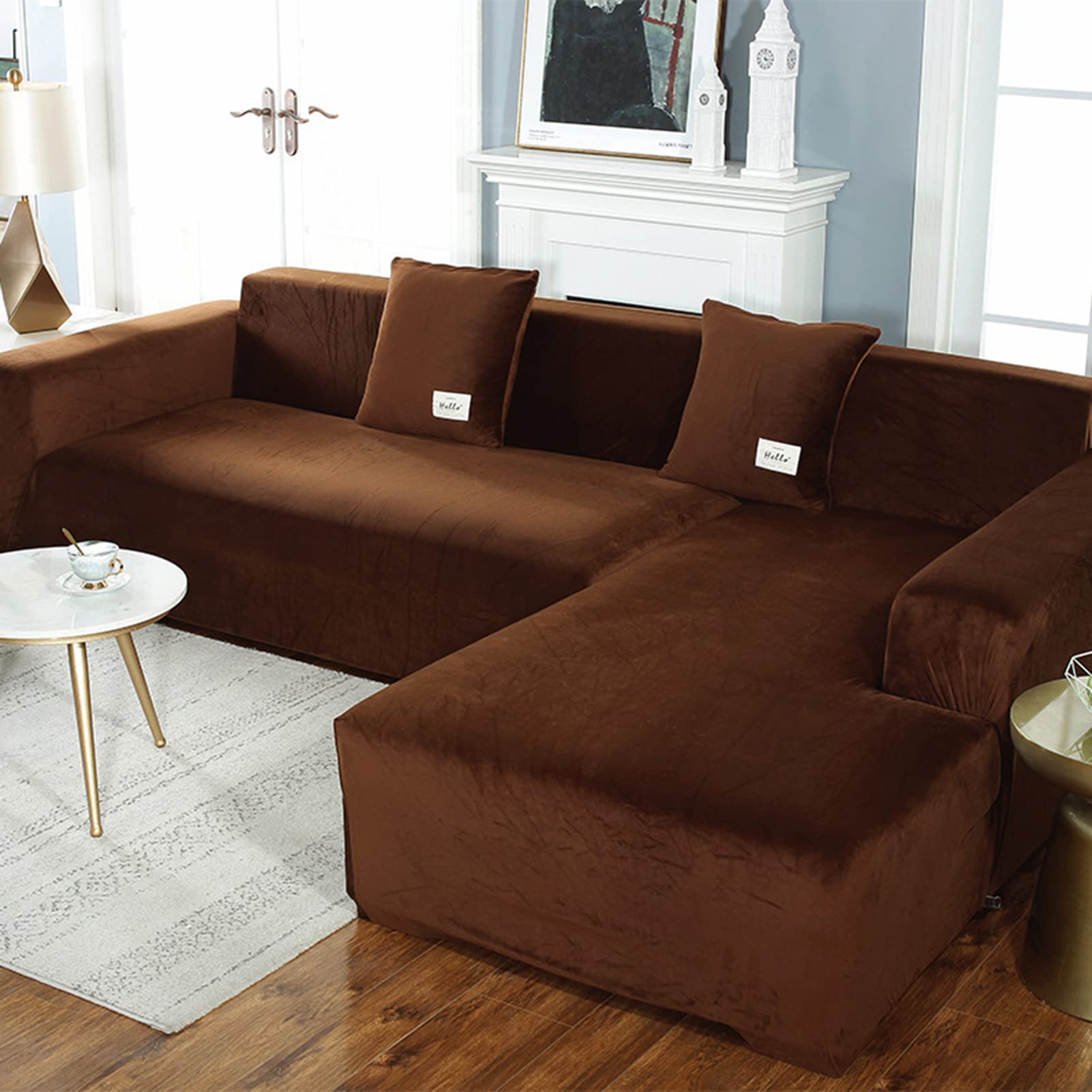 Housse de canapé en velours extensible marron pour grand canapé 5 places