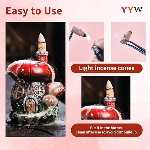Miniatura 5 de YYW Quemador de incienso con reflujo de hongos, soporte de incienso de resina, bonita cascada de incienso de hongos con 20 conos de incienso de