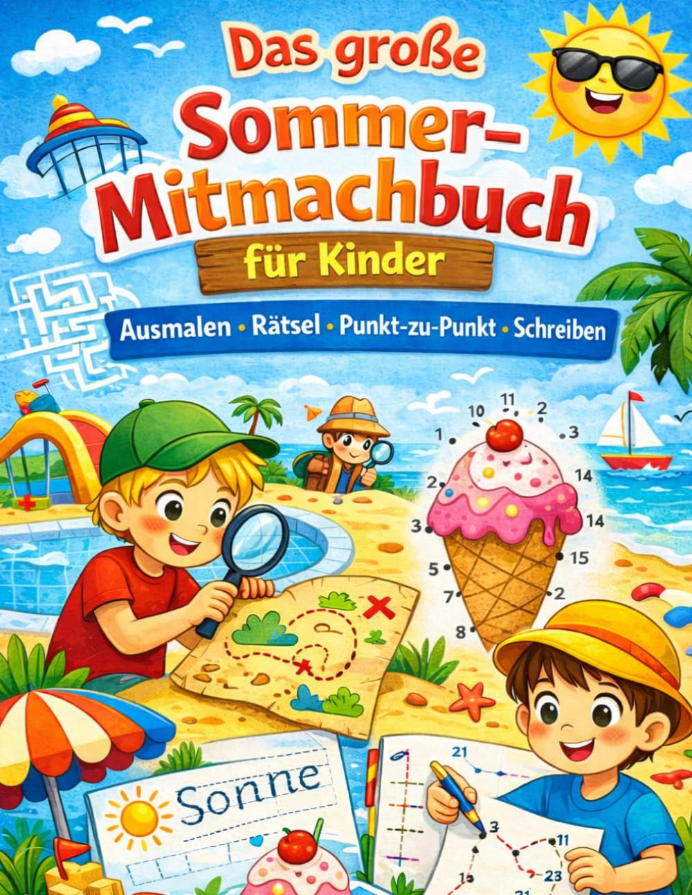 Das große Sommer-Mitmachbuch für Kinder: Ausmalen, Rätsel, Punkt-zu-Punkt, Schreiben lernen und Sommergeschichten: Sommer-Rätsel, Ausmalbilder, Punkt-zu-Punkt und Geschichten