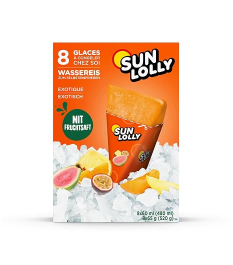 Sun Lolly Exotic Water Ice Cream Pack of 12 With Fruit Juice For Self-Freezing No Artificial Flavors Free from Sweeteners Lactose Free Gluten Free 12 x 480 ml