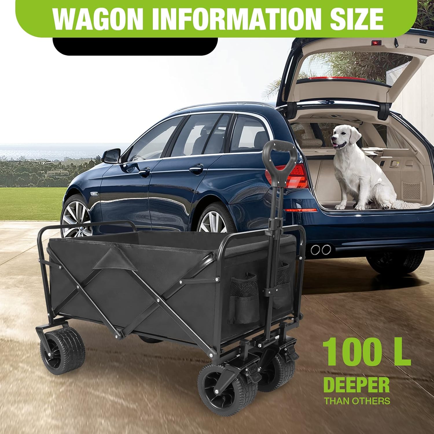 Folding Wagon Carts With Adjustable Handle/collapsible Beach Wagon with Big Wheels for Sand, 220lbs Capacity, Black,TRP1008