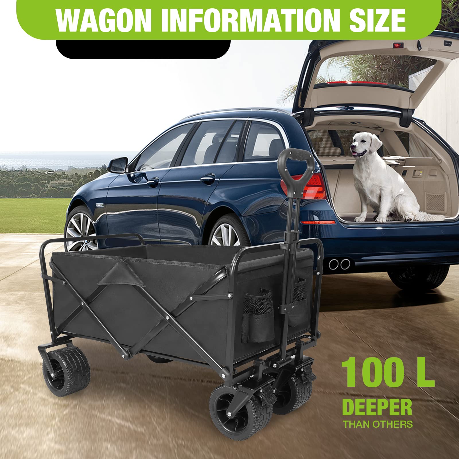 Carrello da campeggio pieghevole e resistente, con ruote più grandi e manico regolabile, capacità 99,8 kg, nero