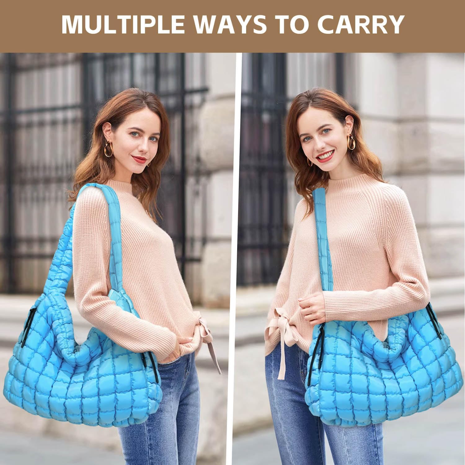 Quilted Tote Bag, Puffer Bag for Women, Large Puffy Shoulder Bag, Lightweight Checkered Purse, Soft Padded Hobo Bag - Image 2