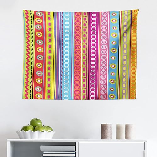 Ambesonne Striped Tapestry, Colorful Retro Stripes Circles Boho Pattern 90's Style Rainbow Art Print, Fabric Wall Hanging Decor for Bedroom Living