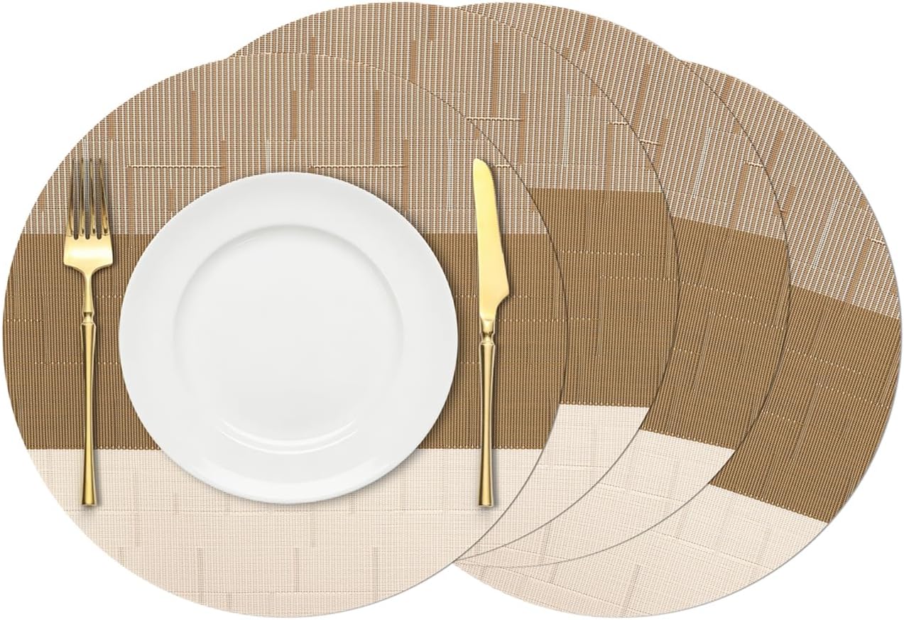 Round Placemats Set of 4, 15 Inch Vinyl Heat Resistant Place Mats | Washable Wipeable Woven Table Mats, Non Slip Placemat for Kitchen Dining Indoor Outdoor Table (Beige Light Brown, Set of 4)