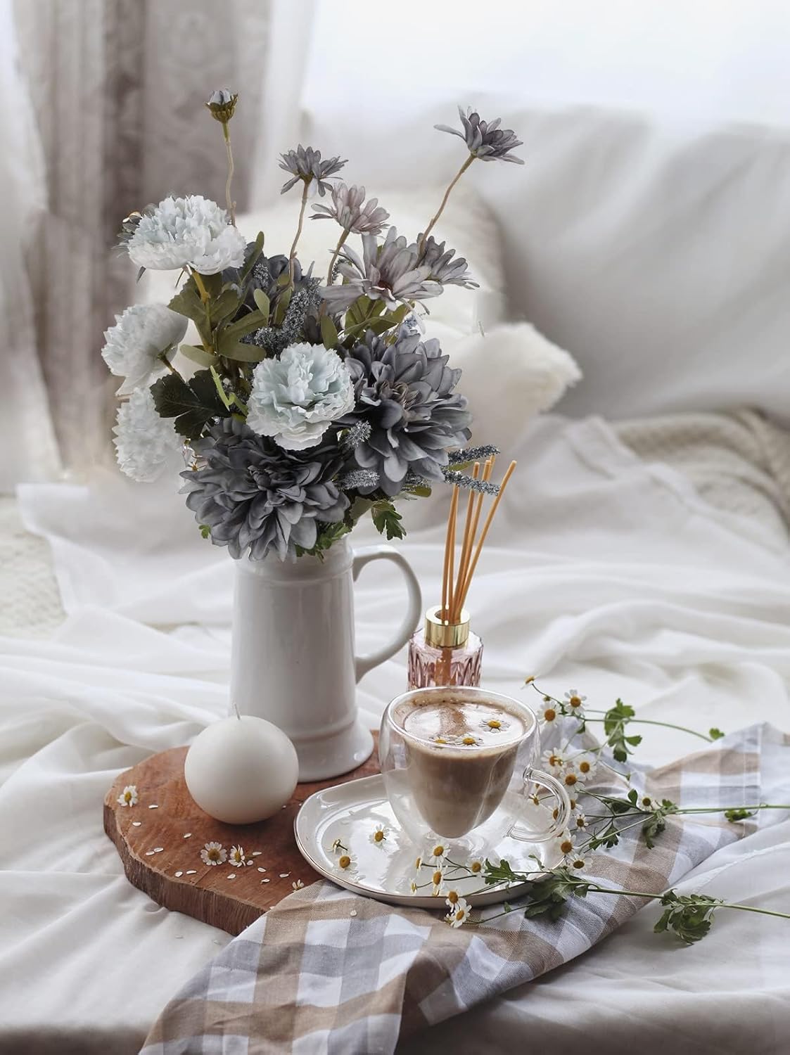 Artificial Flowers for Vase, 2 Bouquets of Grey Blue Silk Flowers Realistic Faux Flowers for Vase Fake Flower Arrangements for Home Decor Centerpiece Table Decorations (Dusty Blue)