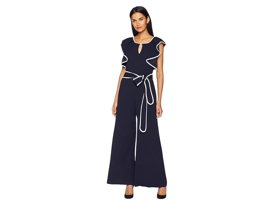 

Taylor Contrast Piped Ruffle Sleeve Jumpsuit (Navy/Ivory) Women's Jumpsuit & Rompers One Piece