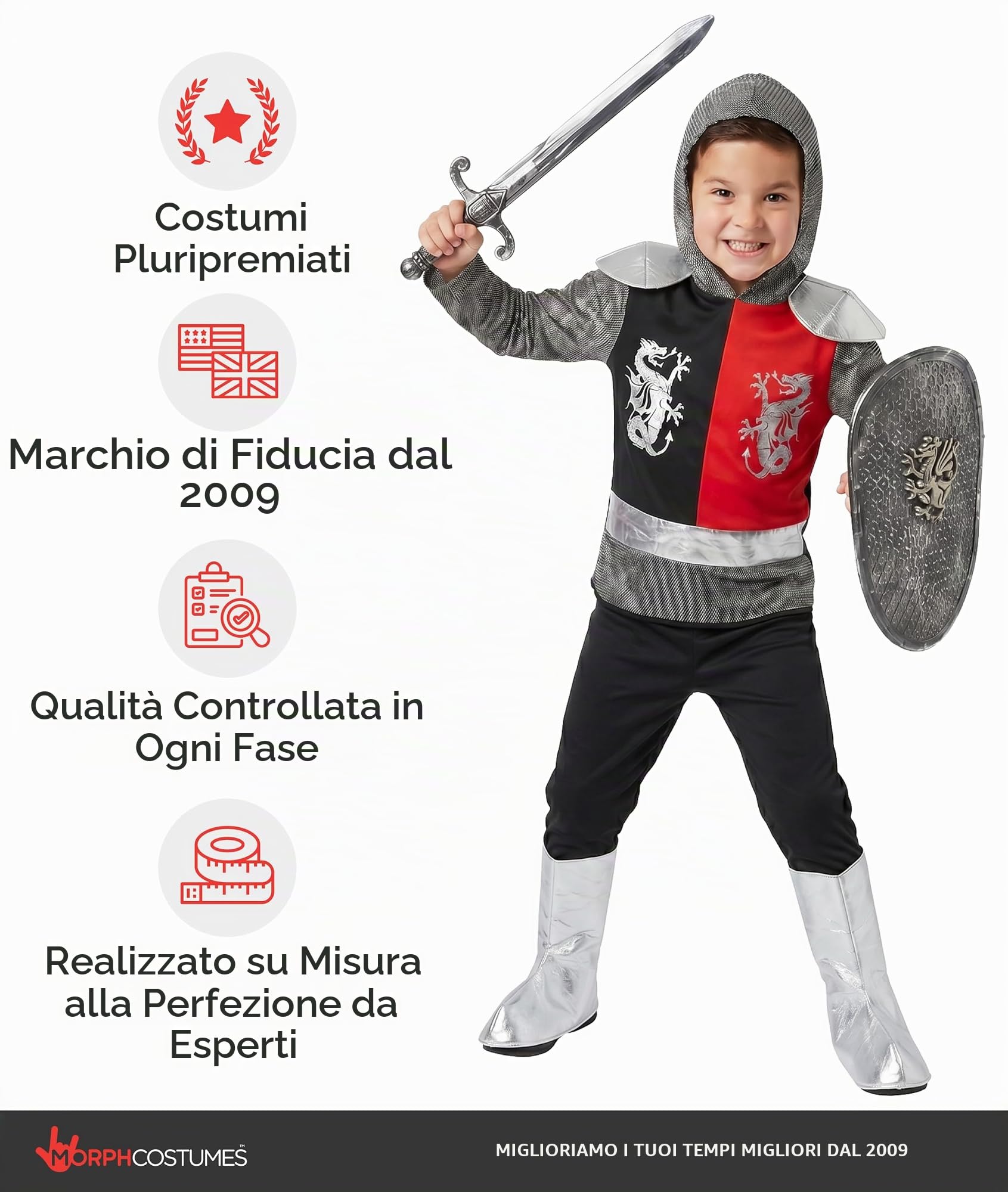 Morph Costume Cavaliere Bambino, Costume Medievale Halloween Bambino, M | Felpa con Cappuccio, Pantaloni, Spada & Scudo, Effetto Cotta di Maglia, Perfetto per Halloween, Ideale per il Gioco di Ruolo