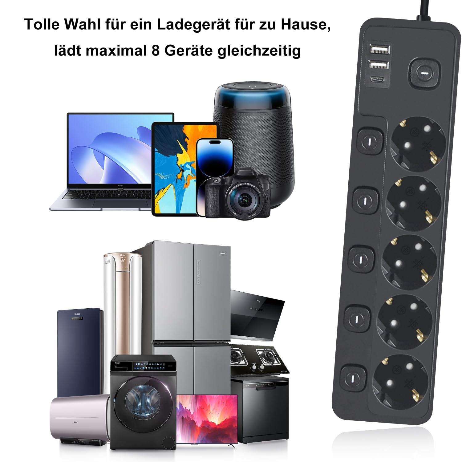 Ciabatta Multipresa con USB C, 3M Multipresa con Interruttori Indipendenti, 5 Prese Presa Multipla con 2 USB-A e 1 USB C, Protezione Sovratensione, per Casa, Ufficio, Nero(3M)
