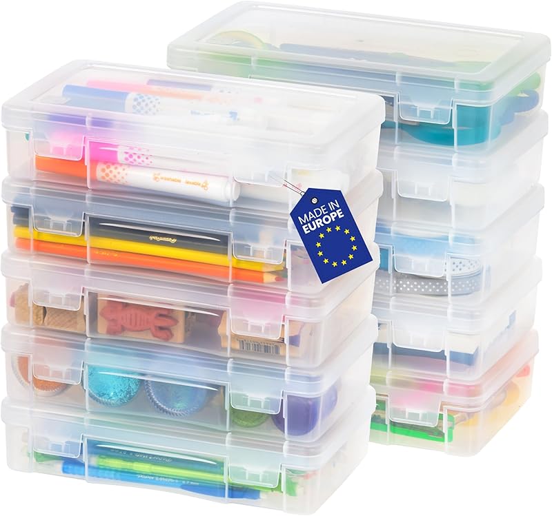 Iris Ohyama, Mallettes de Bureau en Plastique, 1,4 L, Lot de 10, Transparent, Empilable, Clip de fermeture, pour Papeterie, Documents, Stylos, Crayons, Petits Outils, sans BPA, Organisateur, MCC-220
