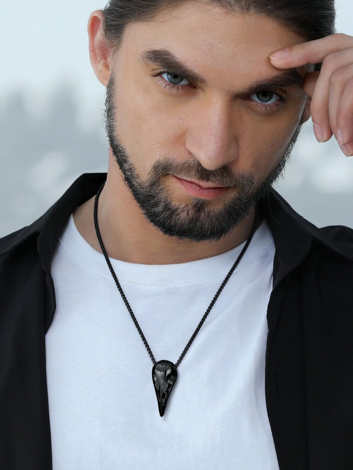 FaithHeart Viking Raven Necklace for Men, Norse Mythology Raven Skull Pendant Sturdy Stainless Steel Amulet Jewelry Gift for Men: Black Crow Skull