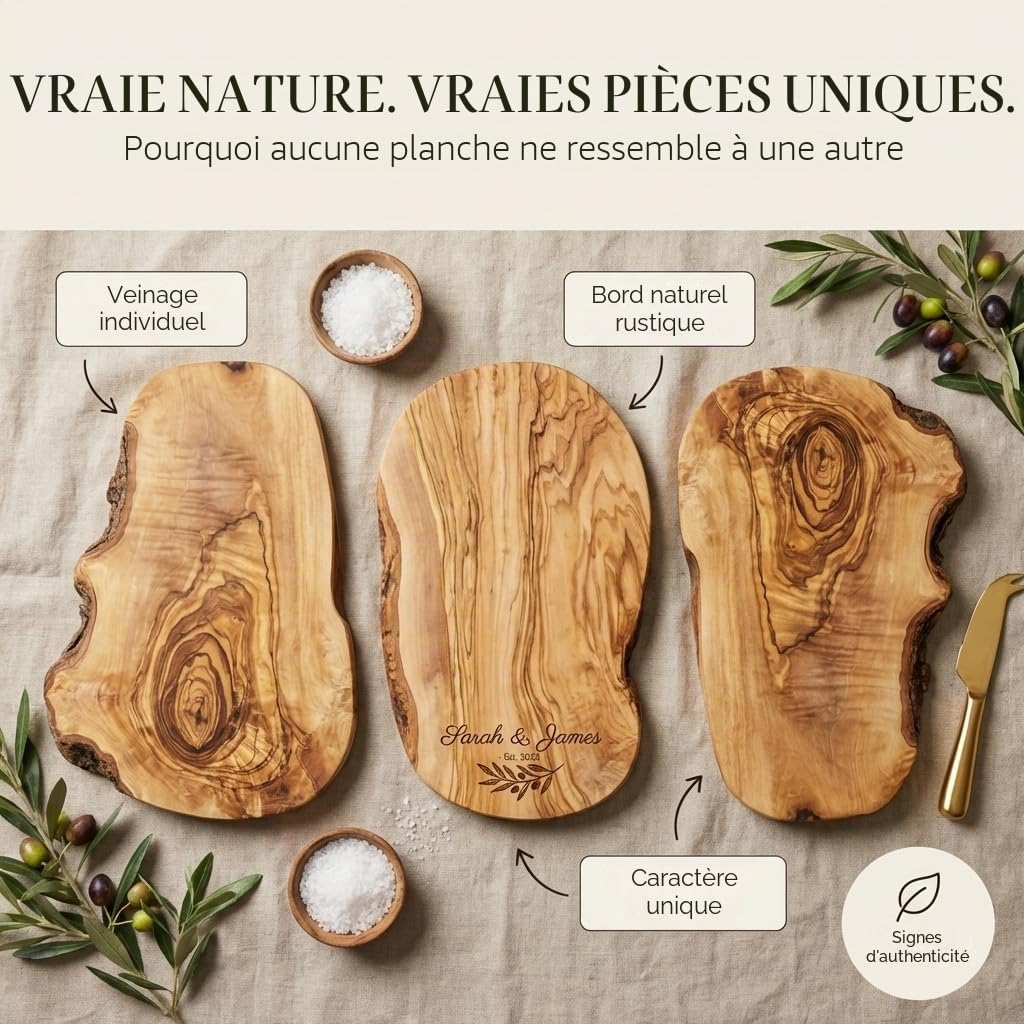 Planche à découper personnalisée, bois d'olivier - Planche à découper rustique en bois d'olivier avec gravure comme cadeau individuel (30-34 cm)