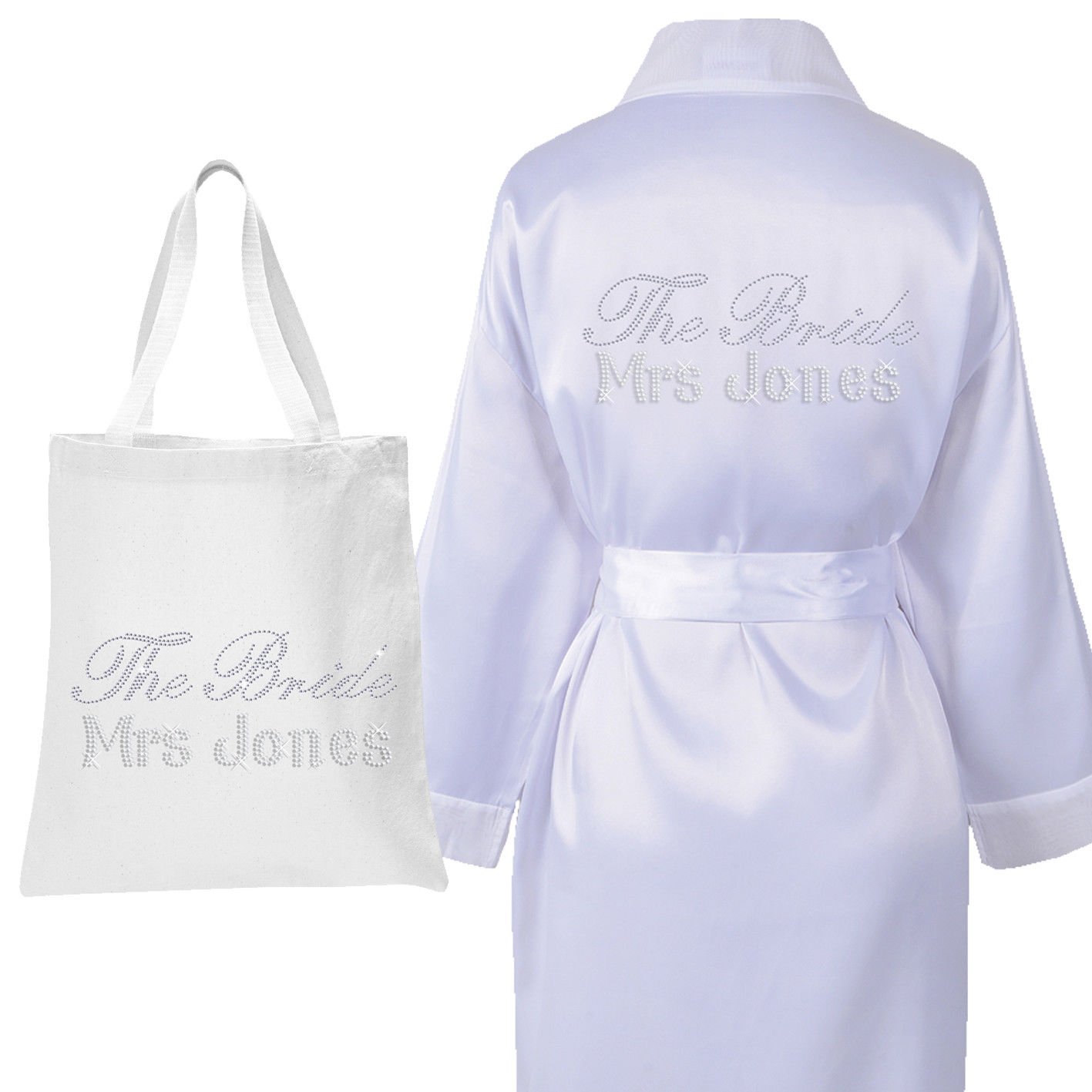 Varsany White Personalised Crystal THE BRIDE ROBE & TOTEBAG Luxury Satin Bride Bathrobe Wedding Kimono Dressing gown(set2)