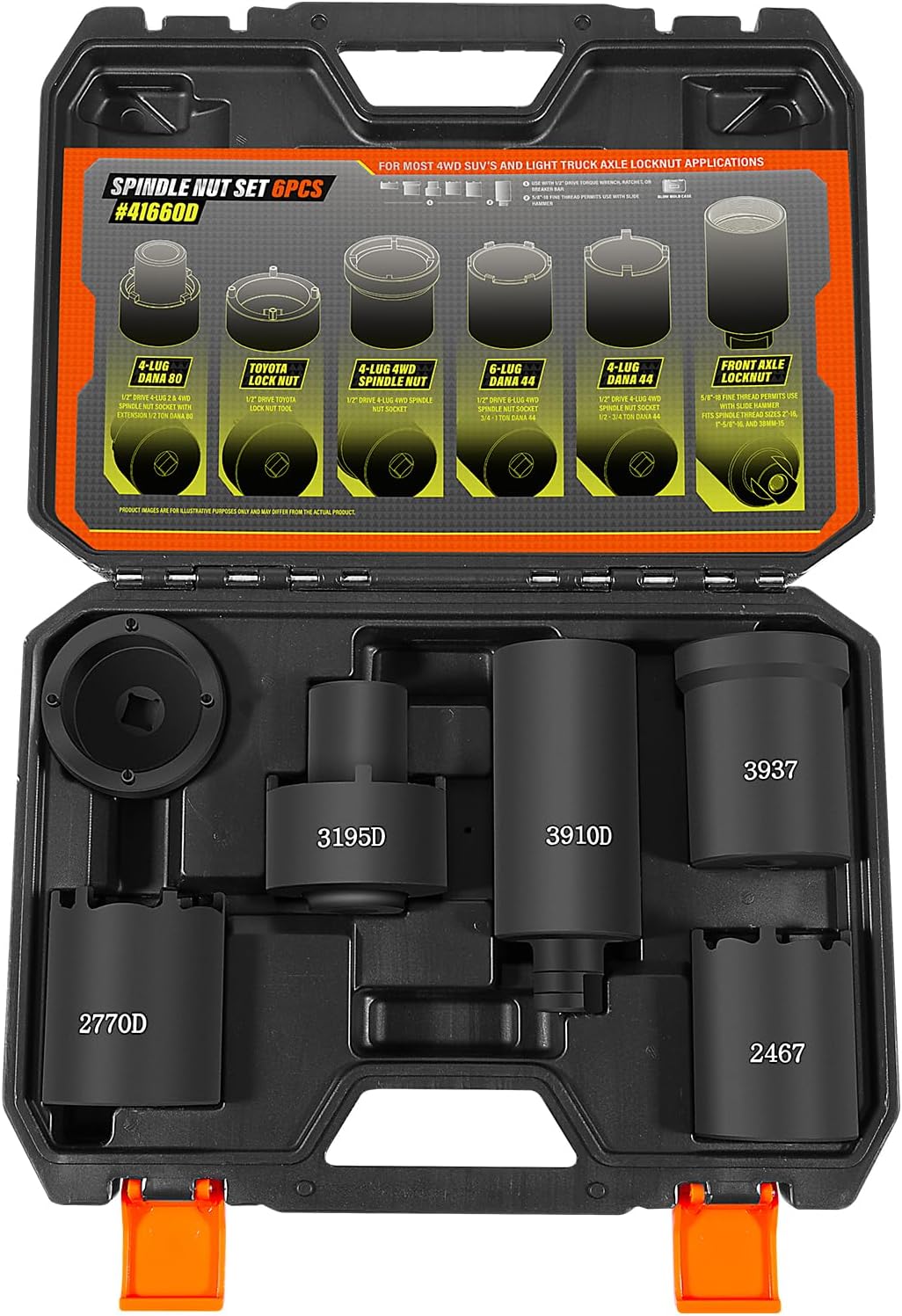 6 Pack Spindle Nut Socket Set, 41660D 4WD Axle Hub Lock Nut Socket Tool Kit 1/2” Drive for Ford F250, F350, Dana 44/50/60, GM, Toyota, with Storage Case, Lug Out Spindle Nut Sockets Remover Puller Kit