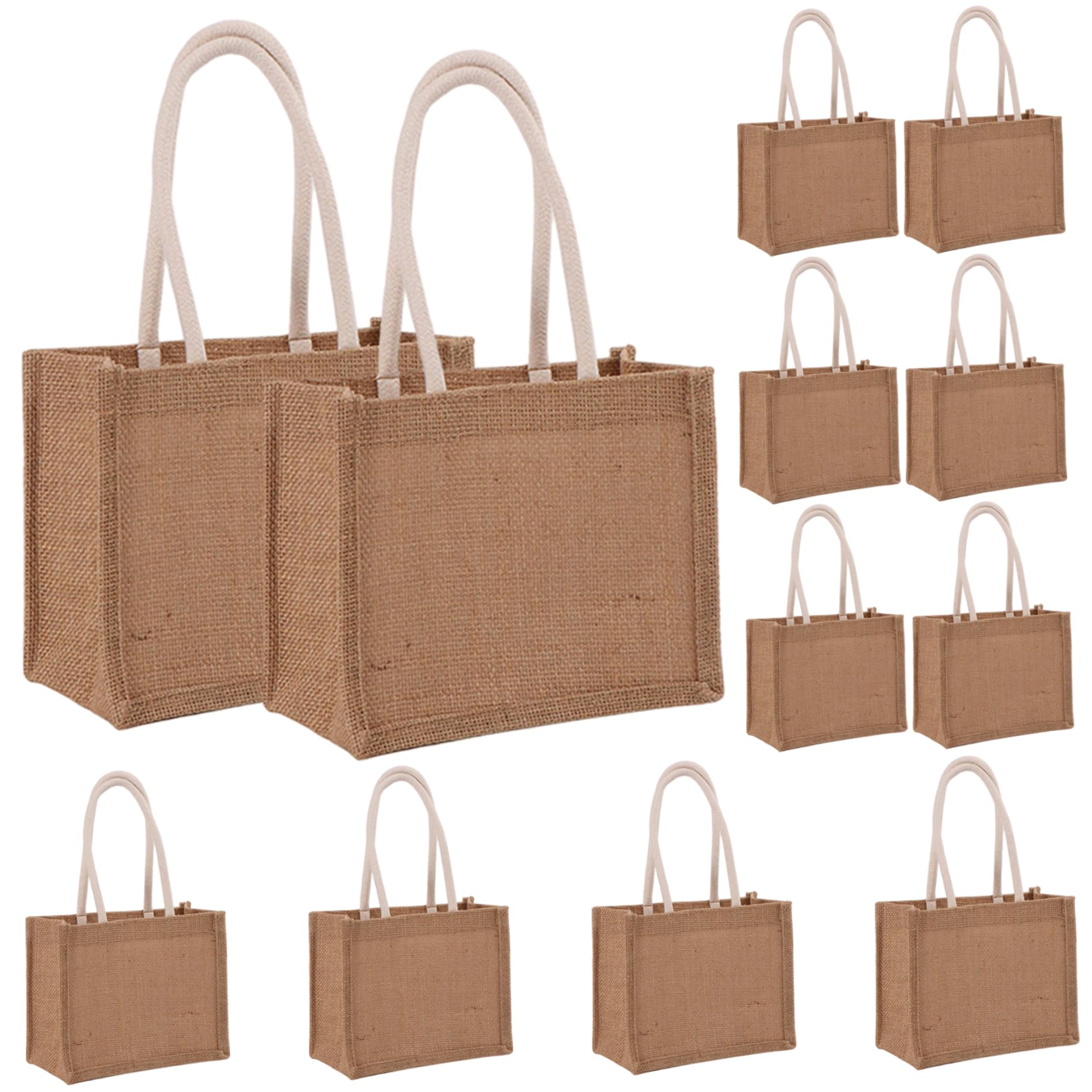 Lot de 12 sacs en jute imperméables, doublés et munis de poignées, parfaits pour la plage, les achats, les demoiselles d'honneur et les loisirs créatifs (22 x 16 x 10 cm). Dimensions : 22