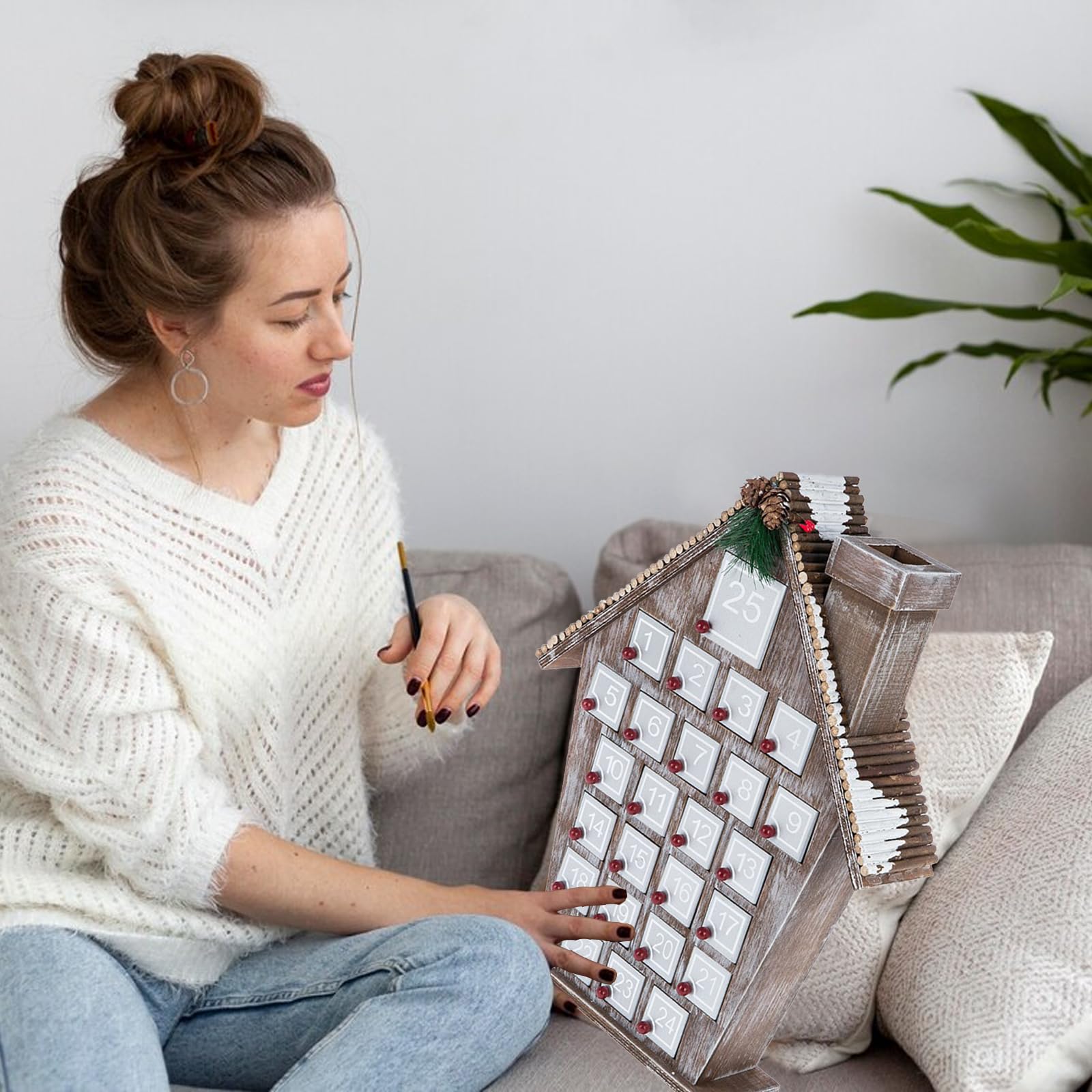 Calendario Dell'Avvento di Natale in Legno, Calendario Dell'Avvento a Forma di Casa con 24 Cassetti e Numeri da Riempire 2024, Calendario Dell'Avvento Riutilizzabile Fai-da-te