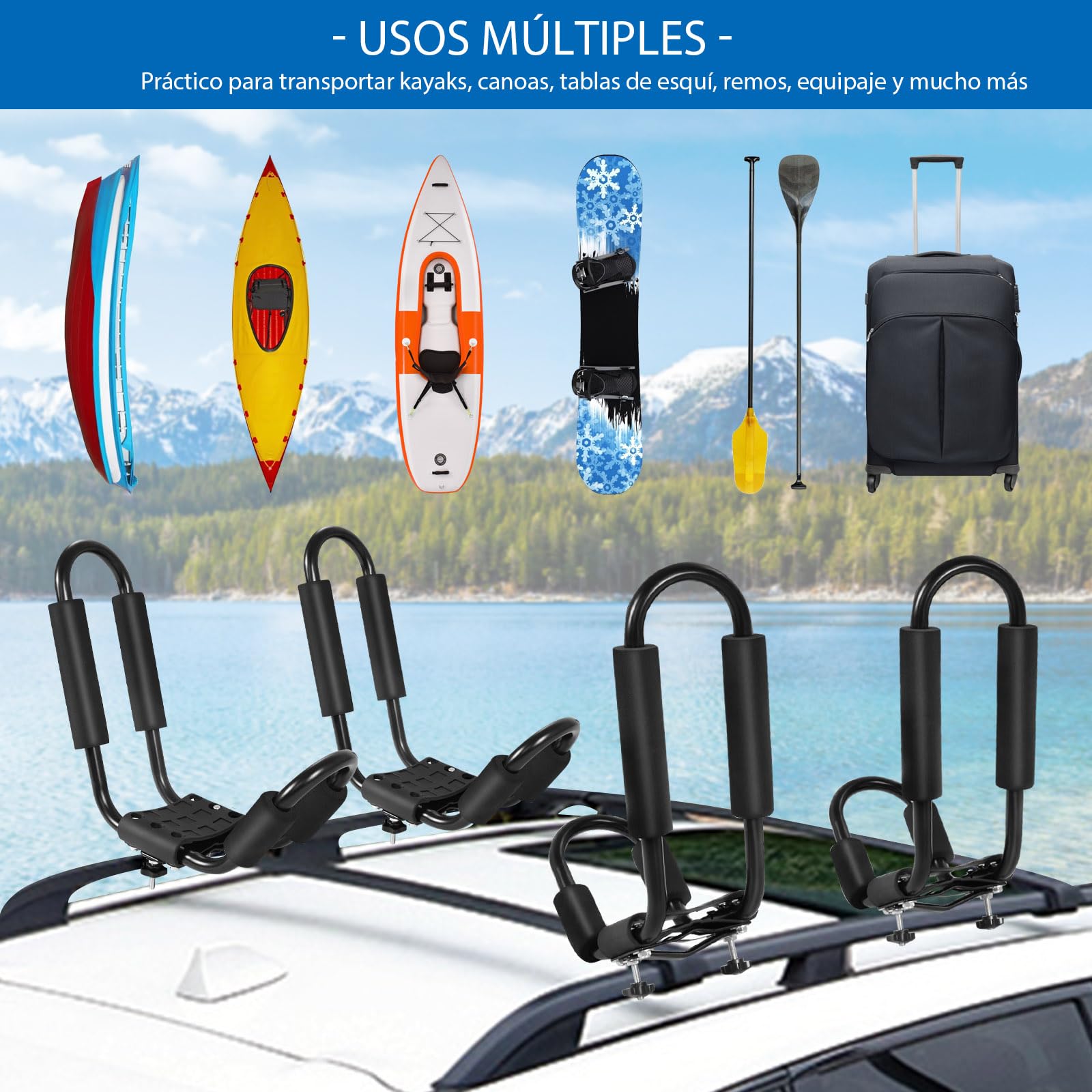 SOARS 4 x Soporte para Kayak, Soporte para Barco con Acolchado de Espuma, Baca Universal para Coche, Soporte para Kayak en Forma de J, Baca para Barco y Canoa Incl. 4 Correas de Sujeción