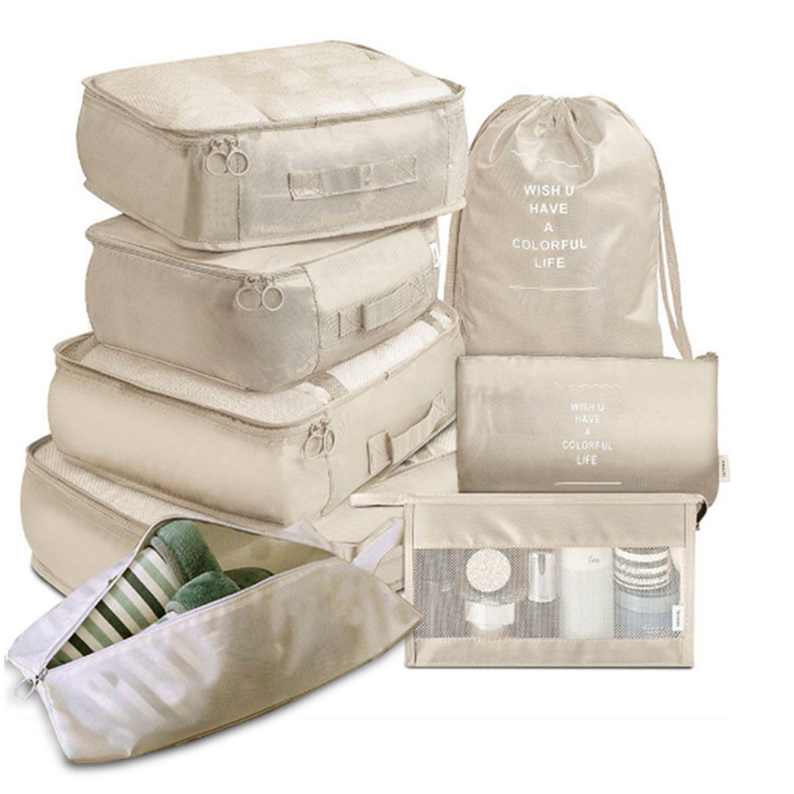 Ejoyous Cubi di Imballaggio per Valigie, Set da 8 Pezzi, Organizzatore da Viaggio a Compressione, Beige