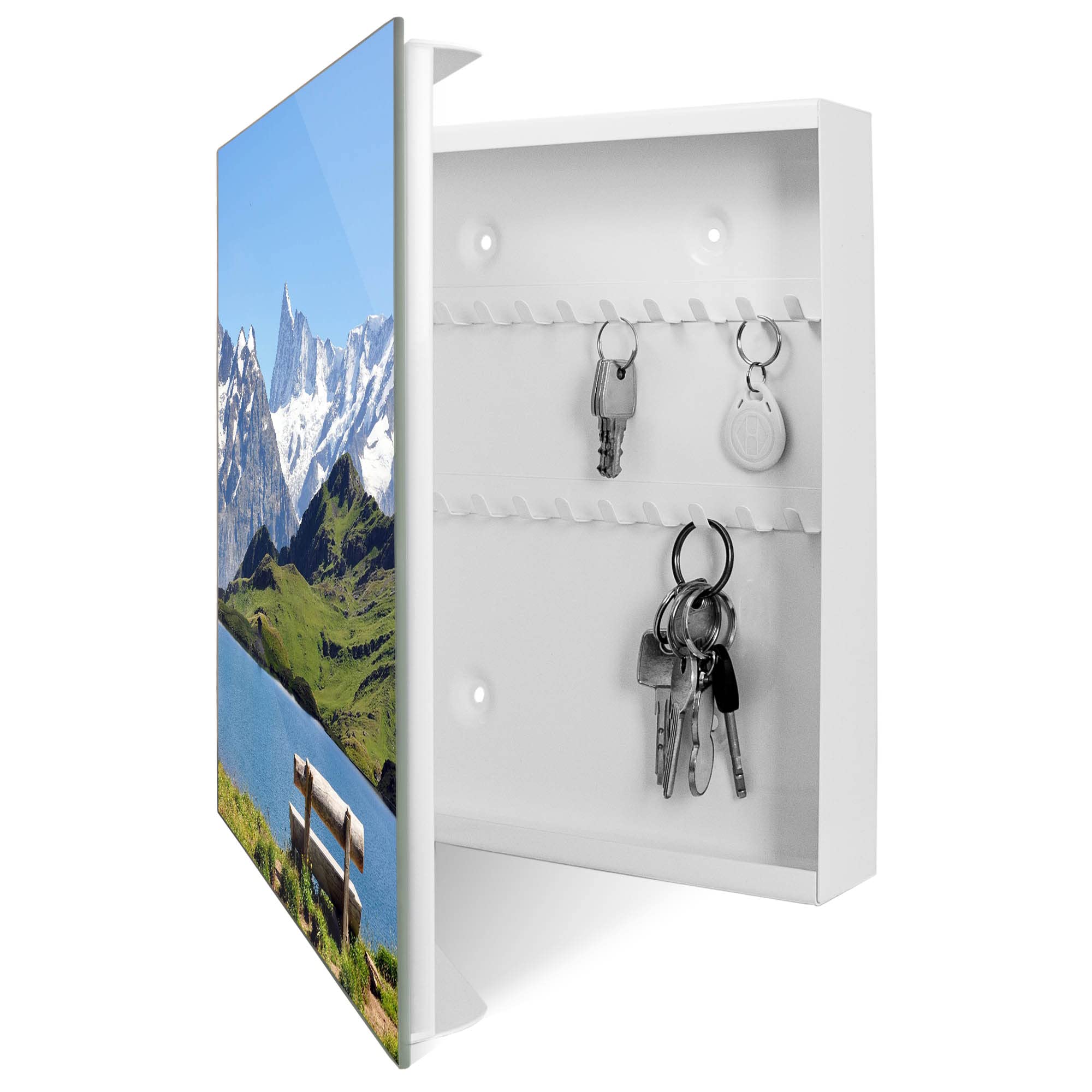 Banjado Schlüsselkasten Aus Glas 30x30 Cm – Mit 50 Haken, Beschreibbarer Glastür & Bergsteiger-Motiv