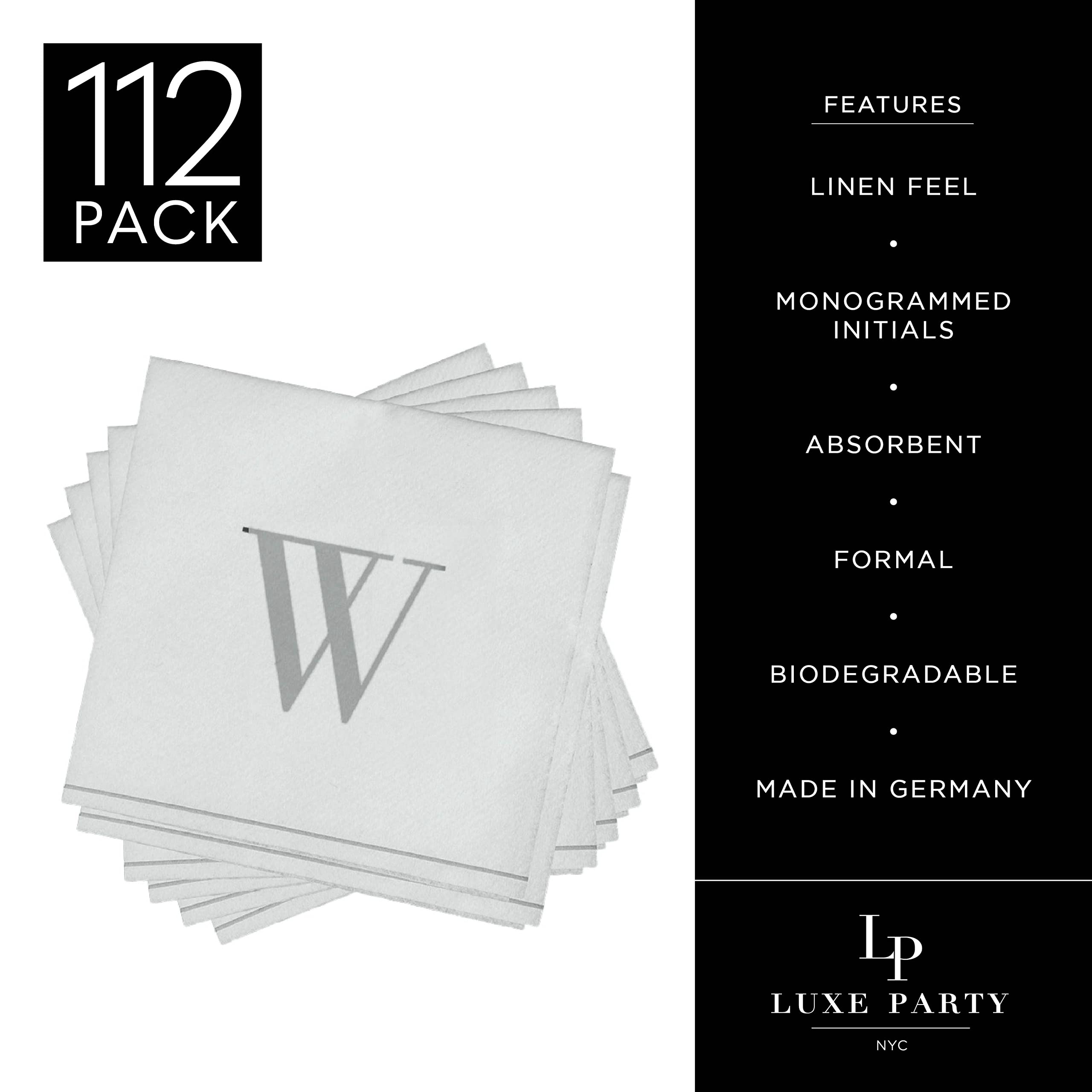 Luxe Party Confezione da 112 tovaglioli da cocktail monogram, lettera W iniziale, usa e getta, di alta qualità, in lino, decorativo, bianco e argento