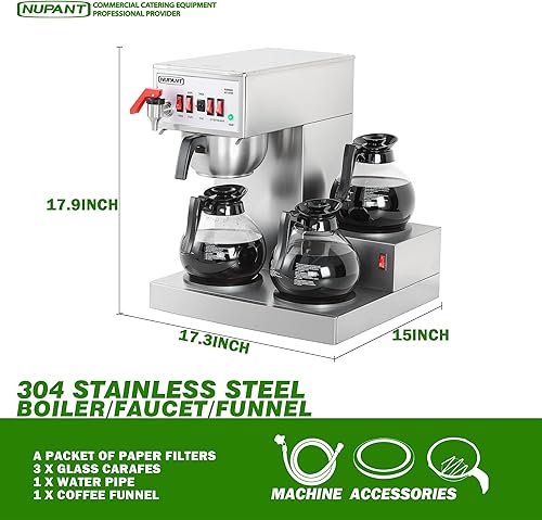 Miniatura 6 de Cafetera comercial de 12 tazas, cafetera de goteo de llenado automático con 3 jarras de vidrio, 3 calentadores, cafetera de acero inoxidable con