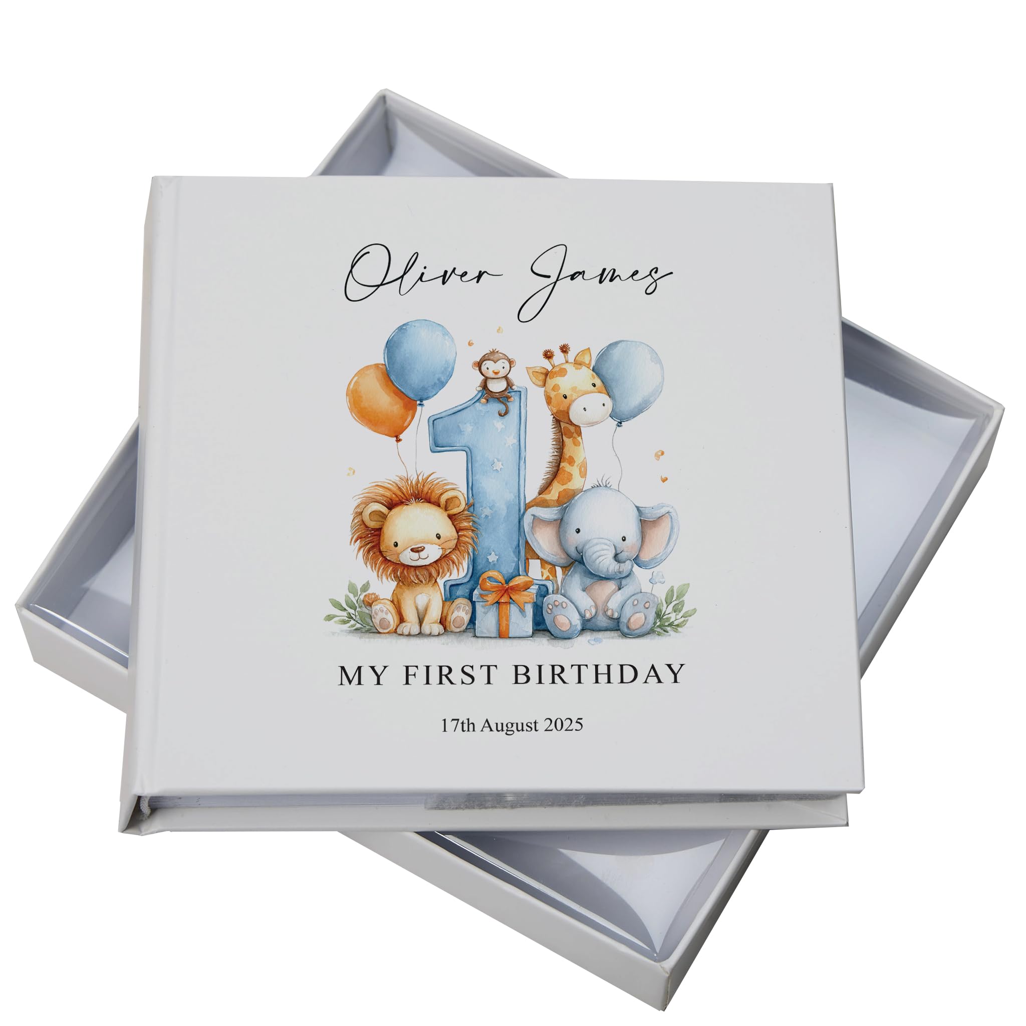 Personalised Baby's First Year Photo Album In Gift Box With Safari Theme, Customisable Memory Book with Gift Box, Keepsake for Birth to 12 Months Milestones (Blue)