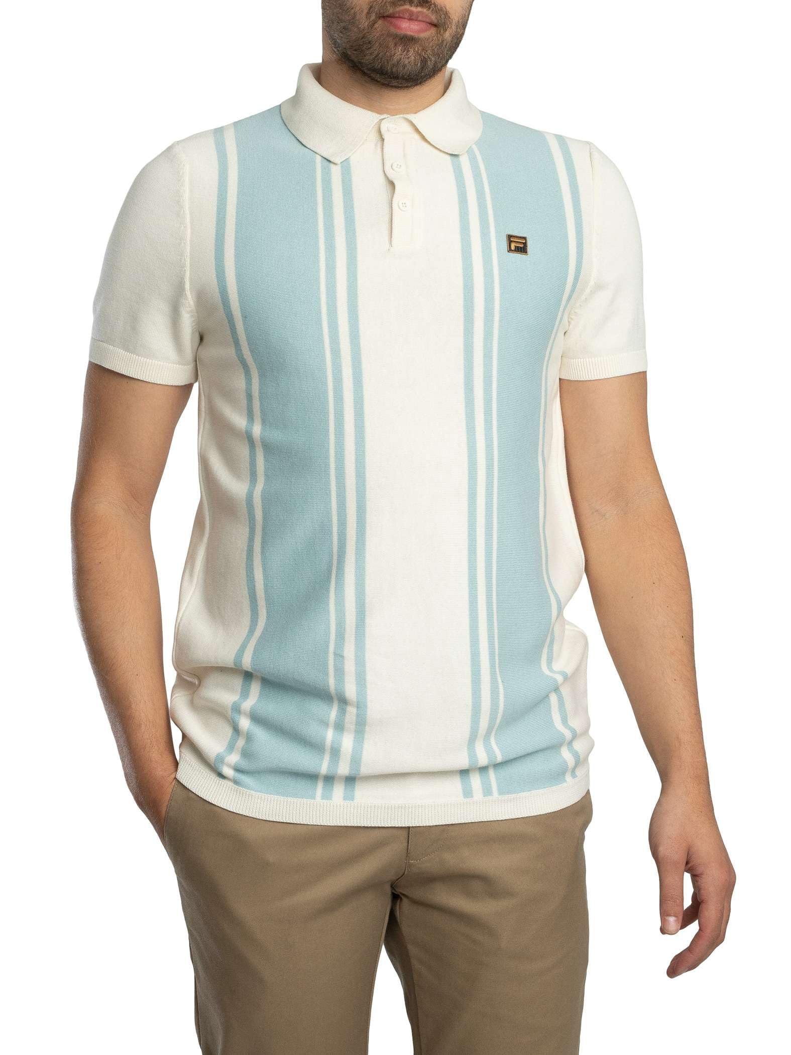 Fila Men's Coconut Milk/Sterling Blue Buddy Bowling Style Knitted Polo Shirt, S