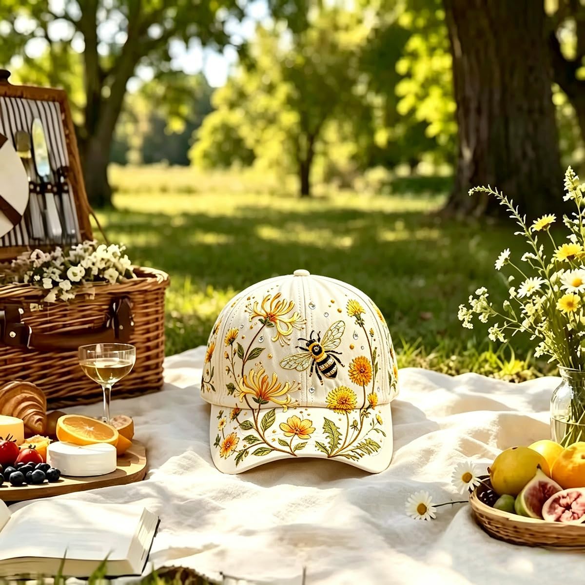 Garden Morning Baseball Cap Bee Floral Print Baseball Cap for Women Lightweight Breathable Adjustable Outdoor Sun Hat