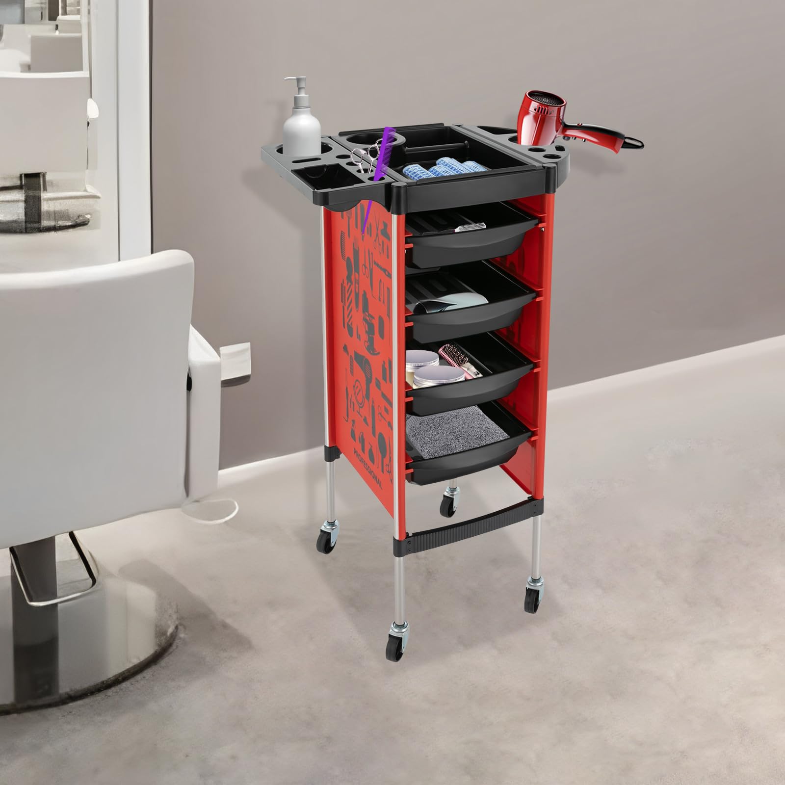 Carrello Parrucchiere Professionale 38 x 88 cm 5 Ripiani + 4 cassetti Ruote silenziose Rosso per Centri estetici e Parrucchieri