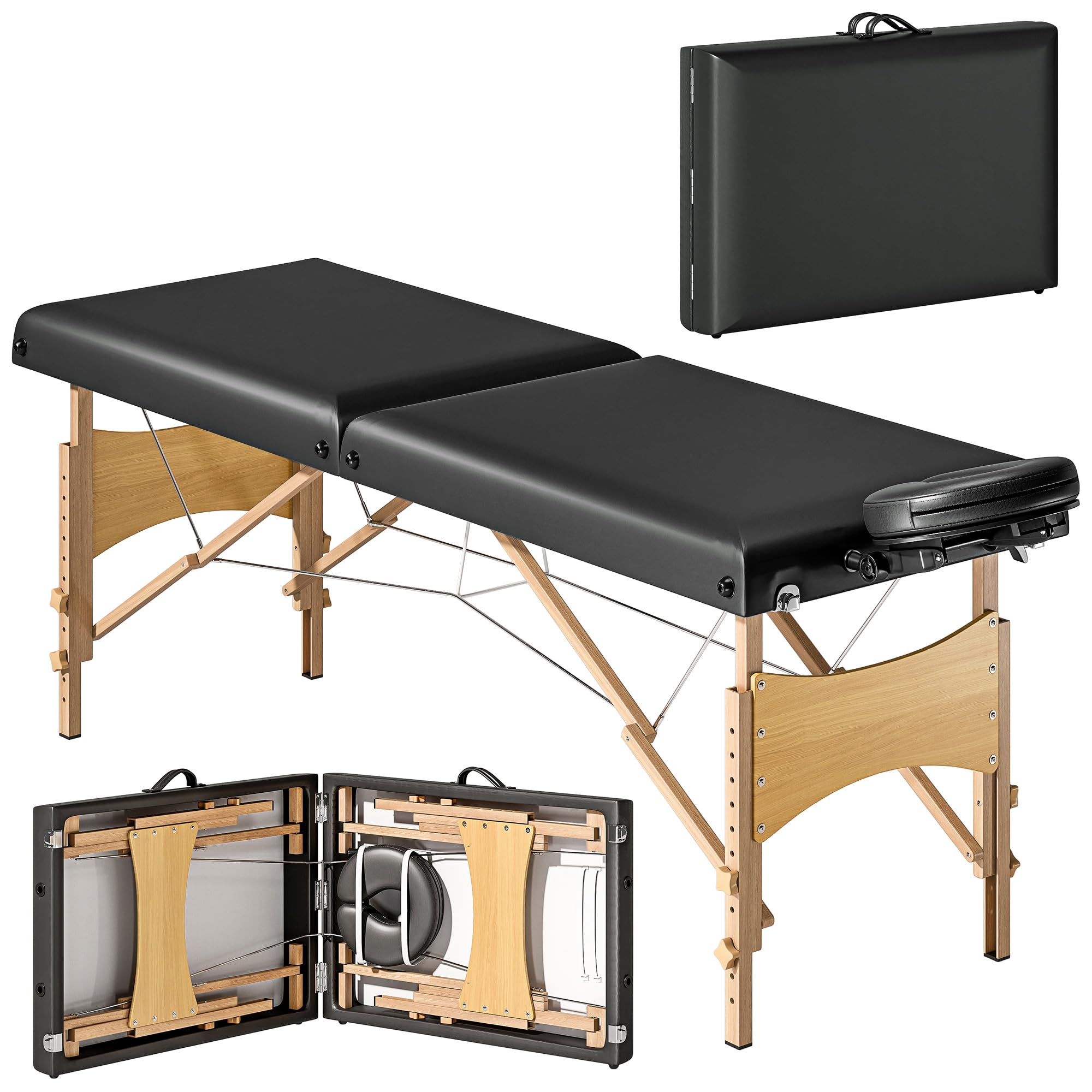HOMCOM Mobile Massageliege 2 Zonen Klappbar Massagetisch Höhenverstellbar Massagebank 70 cm Breit mit Kopfstütze, Holzfüßen Massagebett Kosmetikliege Schwarz