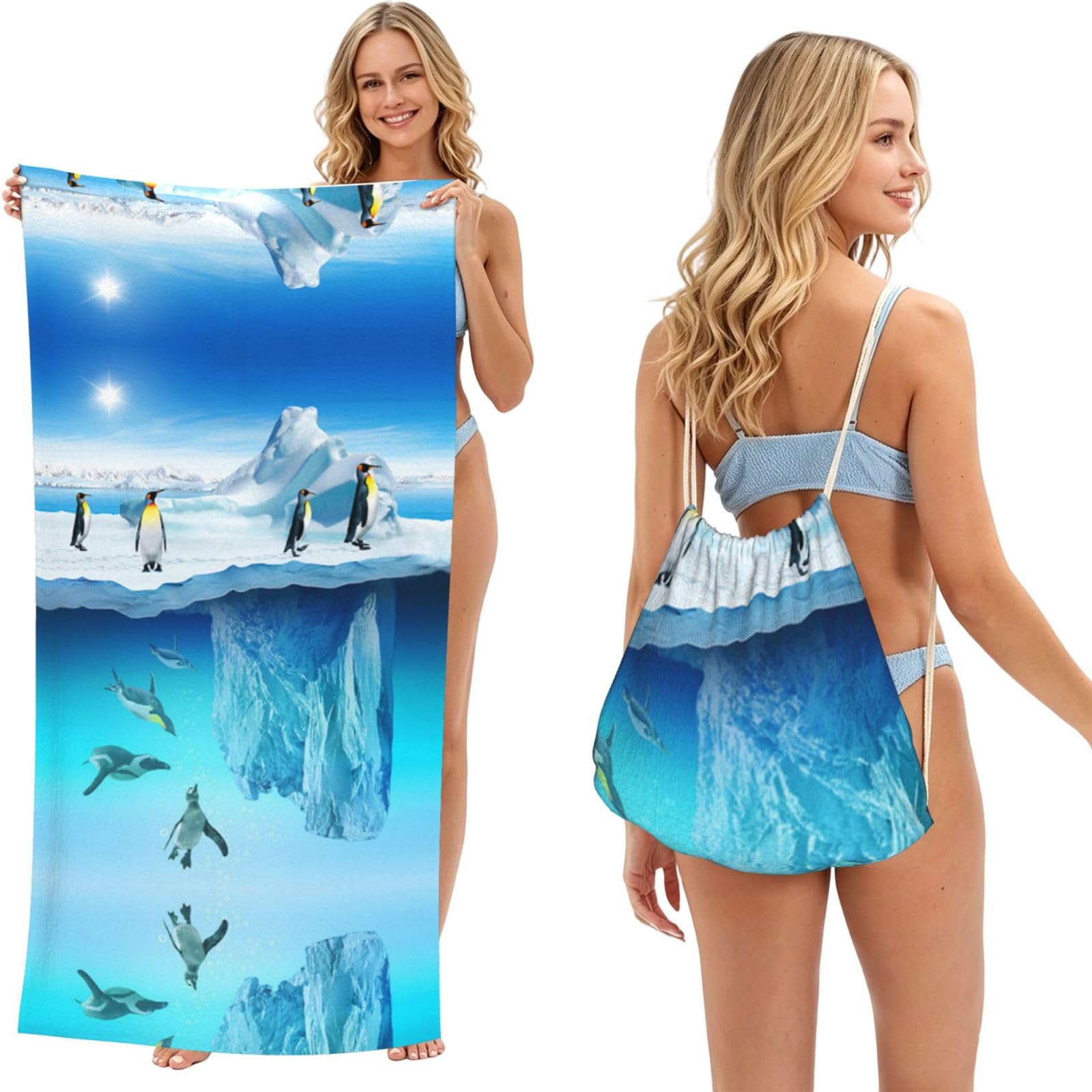 SATUSA Penguins Print 2-In-1 Foldable Beach Towel Backpack â€“ Camping, Yoga And Travel,Bath Towel With Built-In Storage, Convertible Beach Mat & Carry Bag