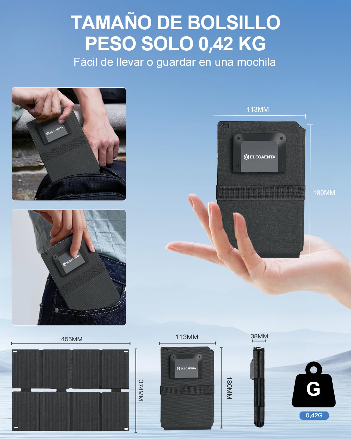 ELECAENTA 25W Mini Cargador Solar Portátil, Panel Solar Plegable con USB-A/USB-C Doble Puerto, IP68 Impermeable para Camping Senderismo, Cargador Solar para Teléfonos, Power Bank, Tablet