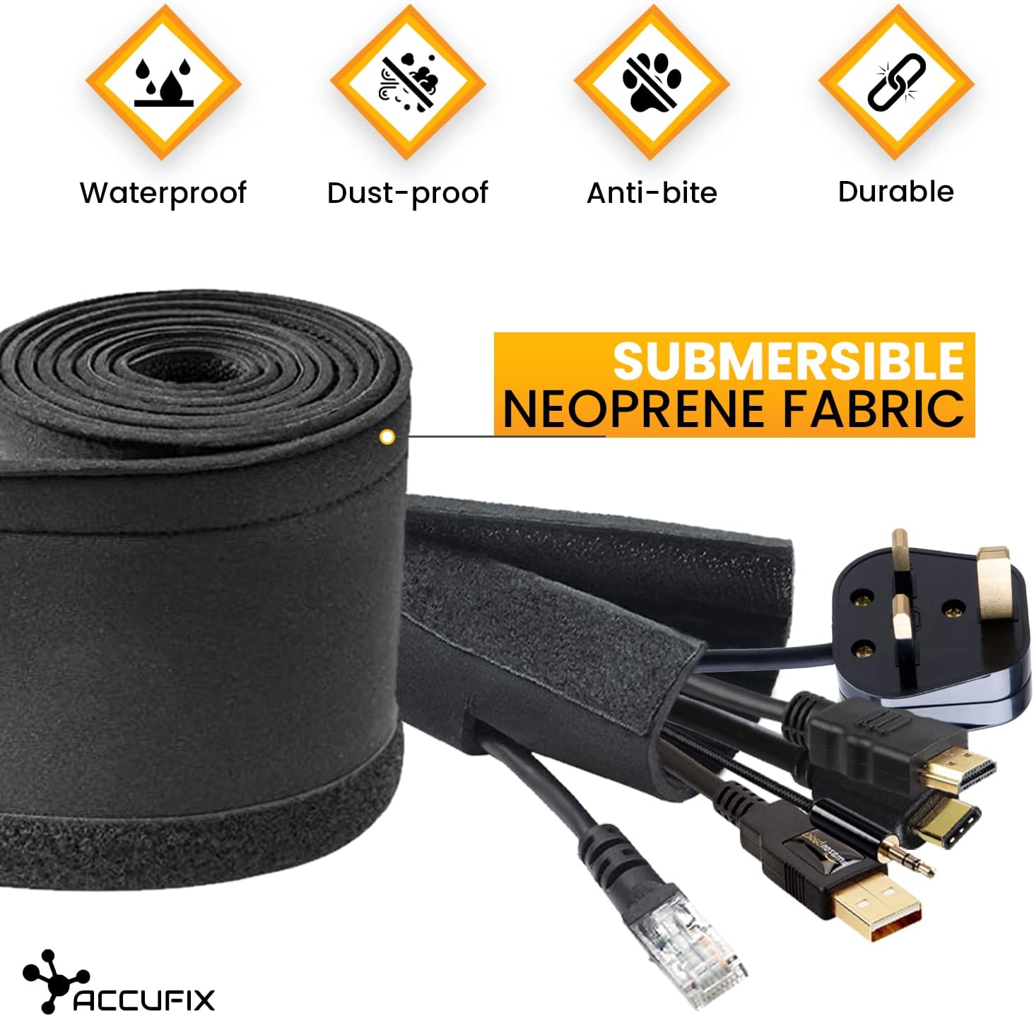 Accufix™ Black Cable Tidy Sleeve 1.5m TV Cable Management Sleeve