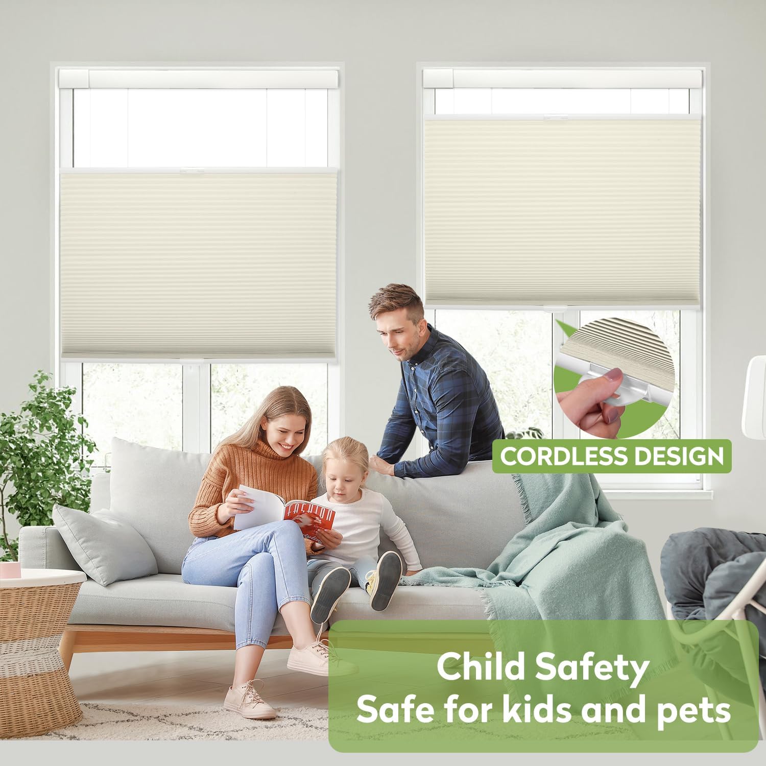 ACMEART No Drilling Cordless Cellular Shades,Top Down Bottom Up Cordless Honeycomb Blinds No Tools No Drill Easy Installation and Stylish Window Shades Khaki