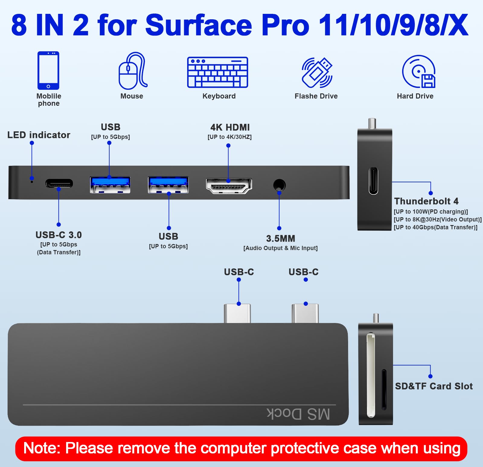 Surface Pro 11/10/9/X Docking Station con 2 HDMI 4K@60Hz, Thunderbolt 4 (video 8K, 40Gbps, 100W), Hub USB-C 8-in-1 per 3 Monitor, SD/TF Card Reader, 3,5 mm per Surface Pro 11/10/9/X Adattatore Surface Pro 11/10/9/X Docking Station con 2 HDMI 4K@60Hz, Thunderbolt 4 (video 8K, 40Gbps, 100W), Hub USB-C 8-in-1 per 3 Monitor, SD/TF Card Reader, 3,5 mm per Surface Pro 11/10/9/X Adattatore