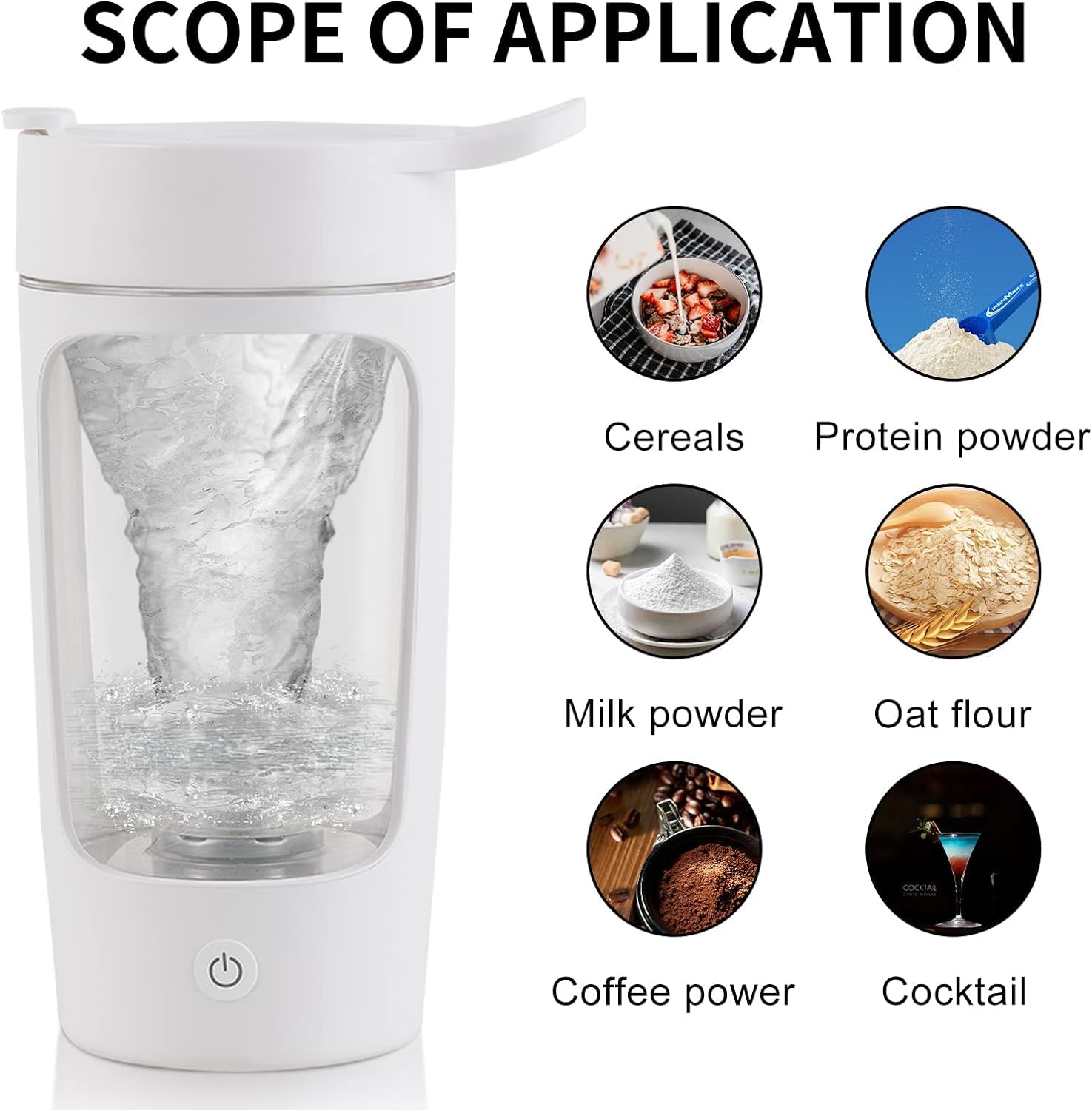 Shaker électrique, bouteilles mélangeurs, fabriquées en Tritan – Sans BPA – Tasse mélangeur portable/rechargeable par USB pour boissons protéinées et shakes de remplacement de repas, 650 ml (blanc)