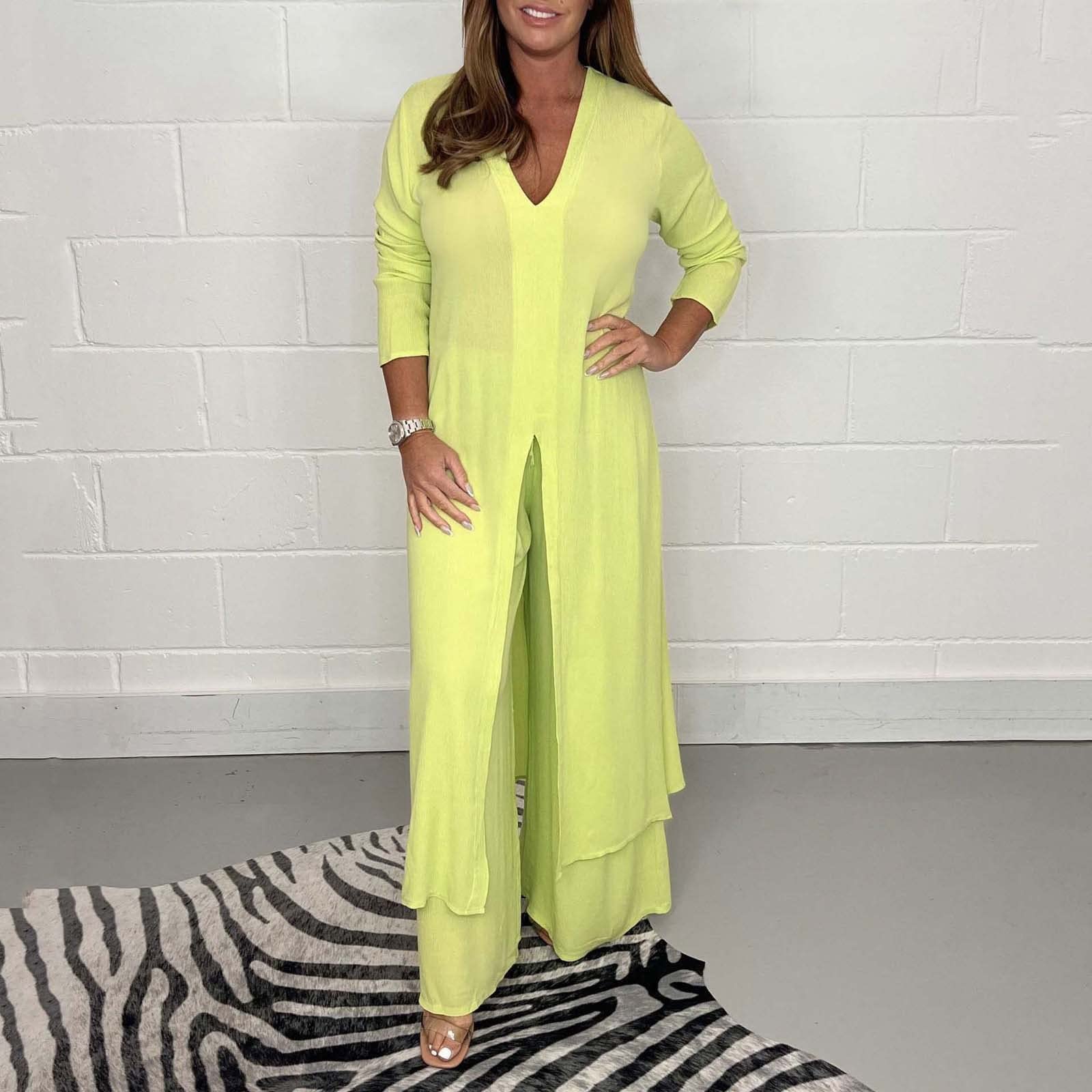 Loungewear Ensemble pyjama deux pièces à manches longues en mousseline de soie avec fente pour femme | Pyjama uni, ourlet asymétrique, pyjama à manches longues, col en V, tunique et pantalon à jambes larges